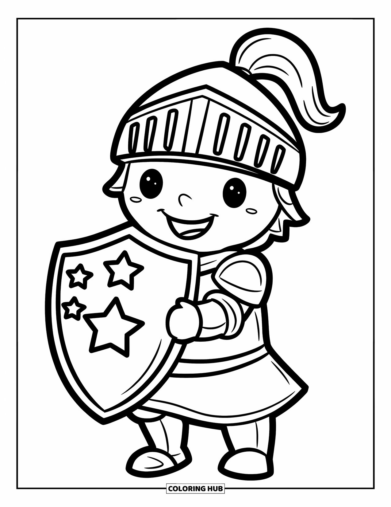 Medieval Coloring Page for Kids: A mustached knight holds a star-covered shield and grins under his helmet