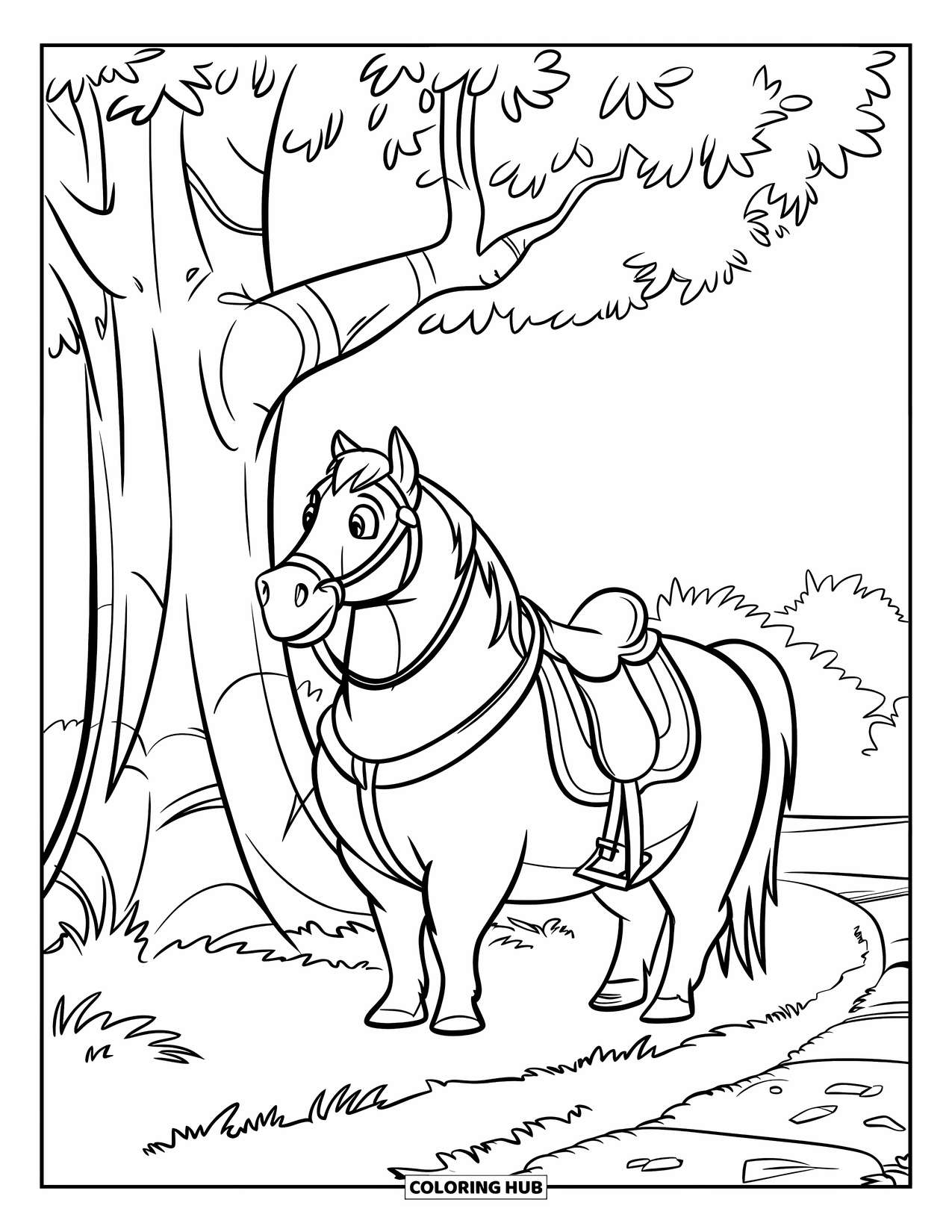 Medieval Coloring Page for Kids: A playful horse with a bridle and saddle stands near a leafy tree and path