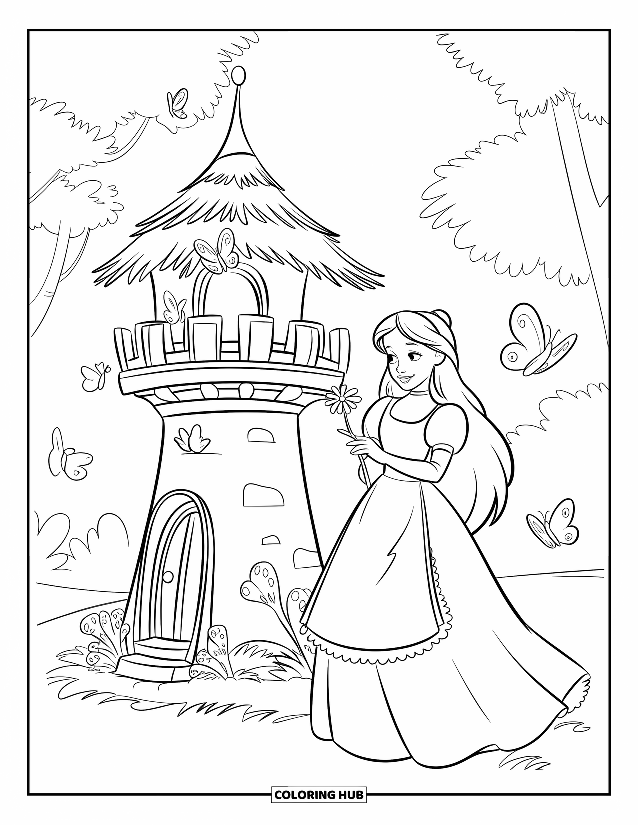 Medieval Coloring Page for Kids: A princess stands near a tower with butterflies flying through the peaceful garden