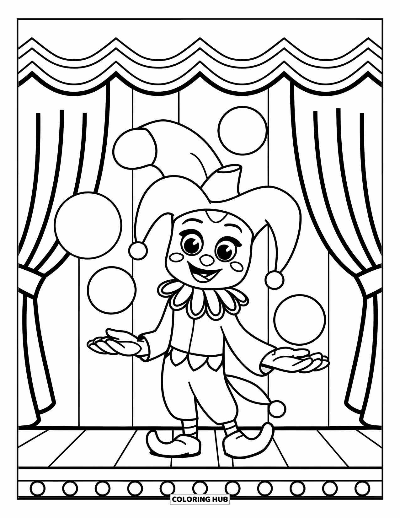 Medieval Coloring Page for Kids: A smiling jester with a painted face juggles on stage beneath a curtain backdrop