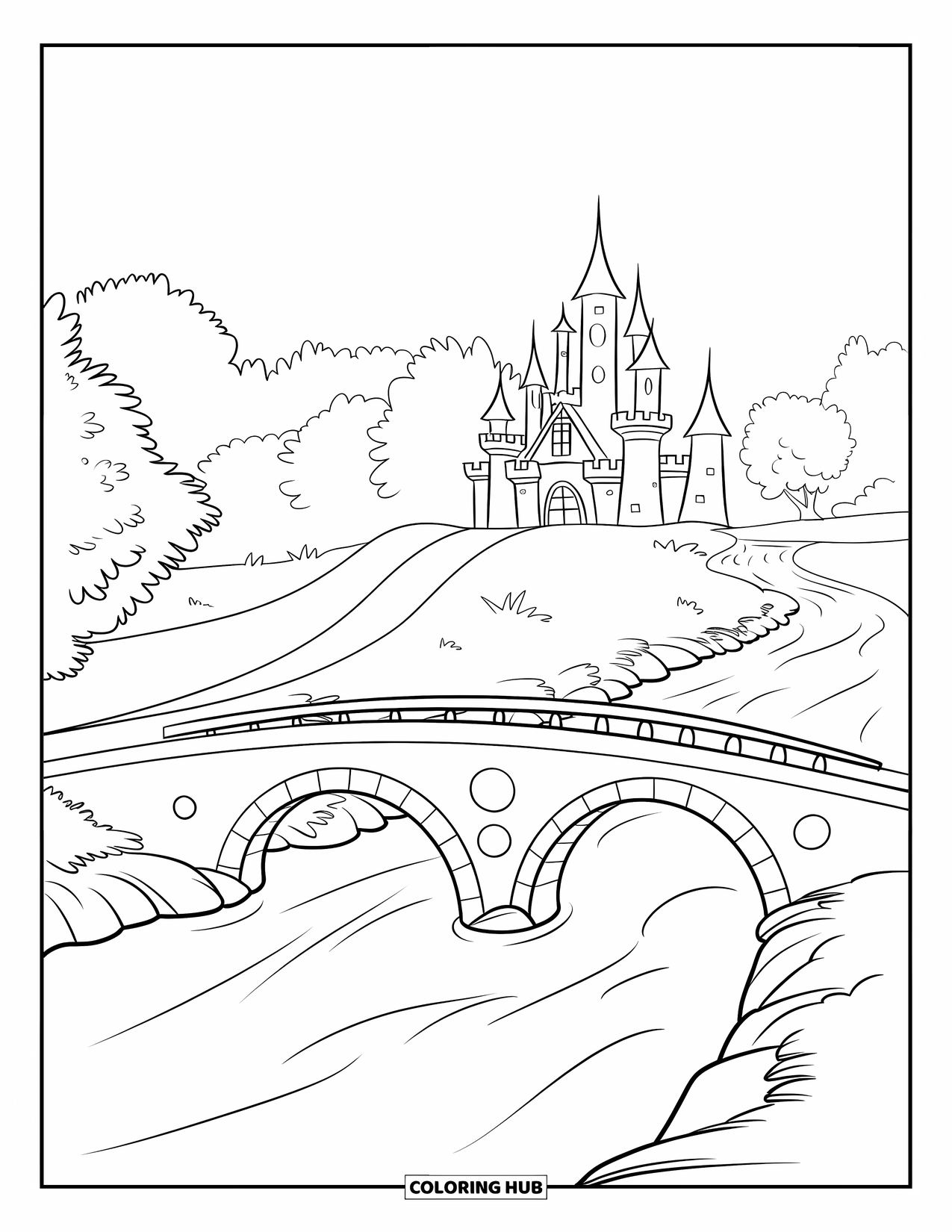 Medieval Coloring Page for Kids: A stone bridge with arches crosses a river near a hilltop castle and trees