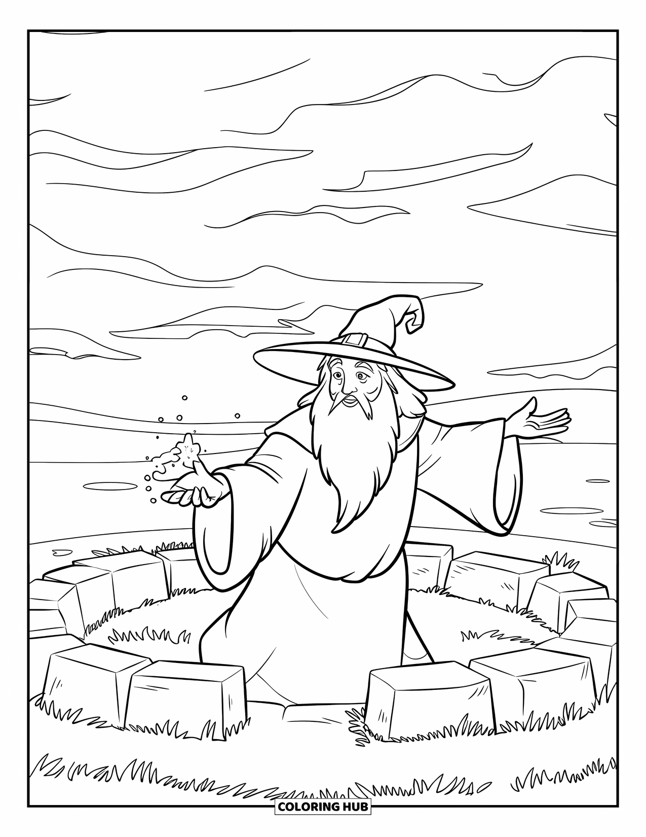 Medieval Coloring Page for Kids: A wizard casts a spell inside a stone circle beneath dark clouds and grassy ground