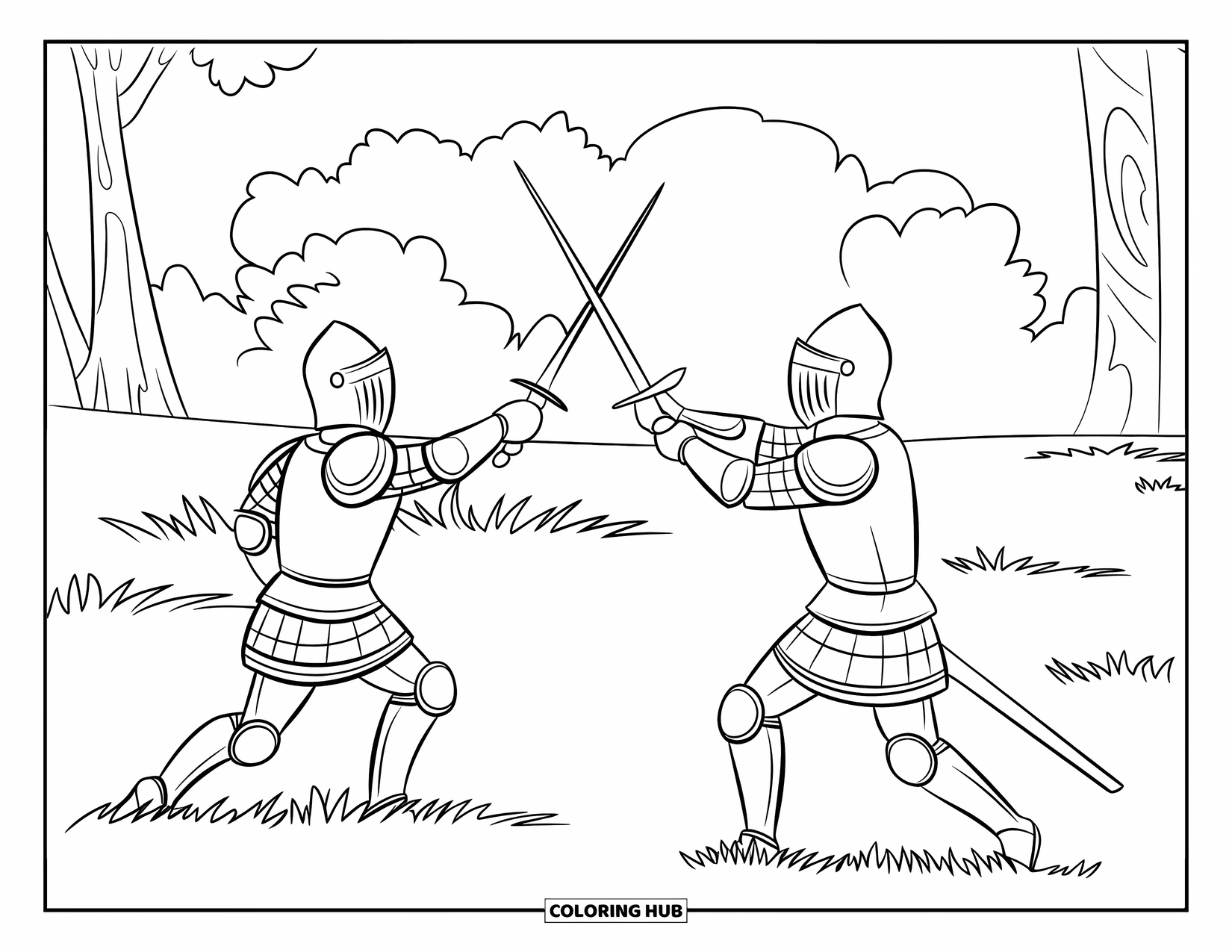 Medieval Coloring Page for Kids: Knights in armor duel in a field with trees and grass all around