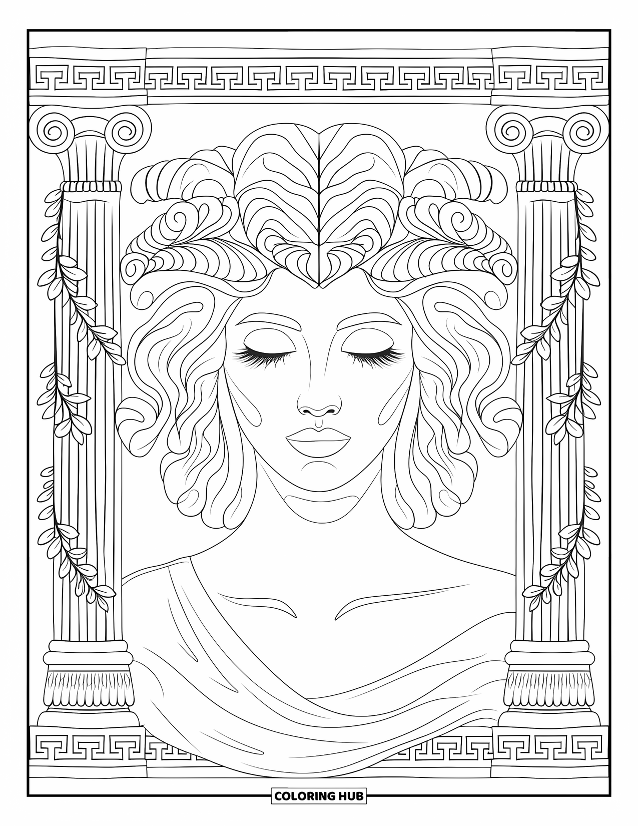 Medusa Coloring Page for Adults: Framed by ivy and columns, Medusa's eyes are closed in a moment of calm