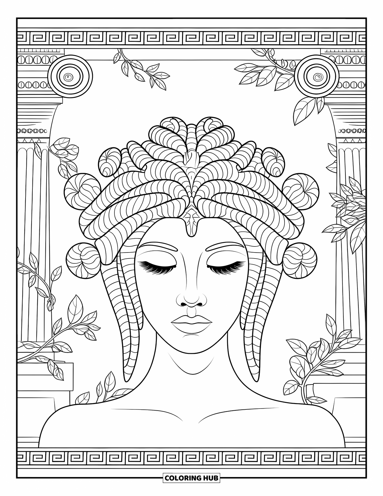 Medusa Coloring Page for Adults: Medusa closes her eyes, framed by columns, ivy, and an ornate border