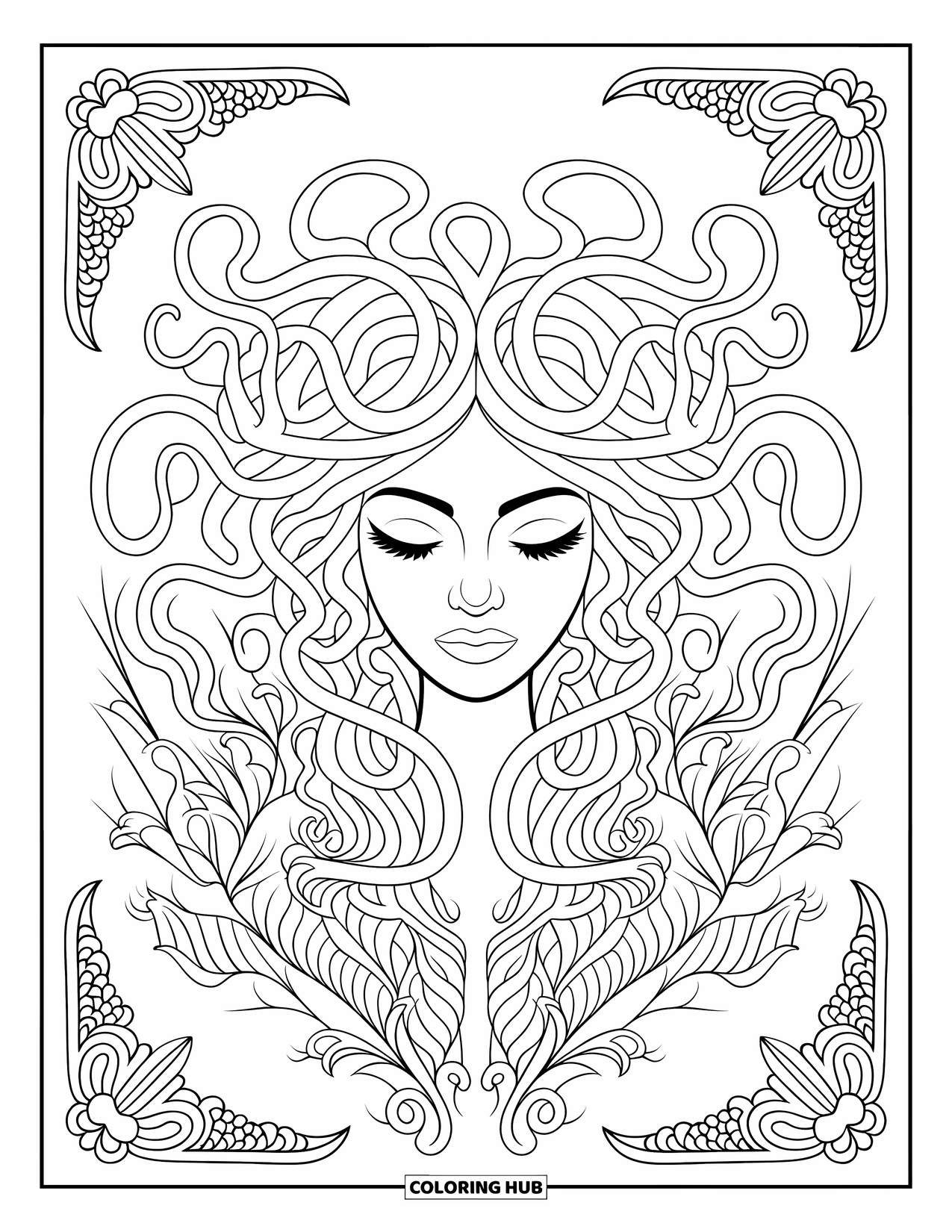 Medusa Coloring Page for Adults: Medusa closes her eyes, her swirling hair blending into decorative floral patterns