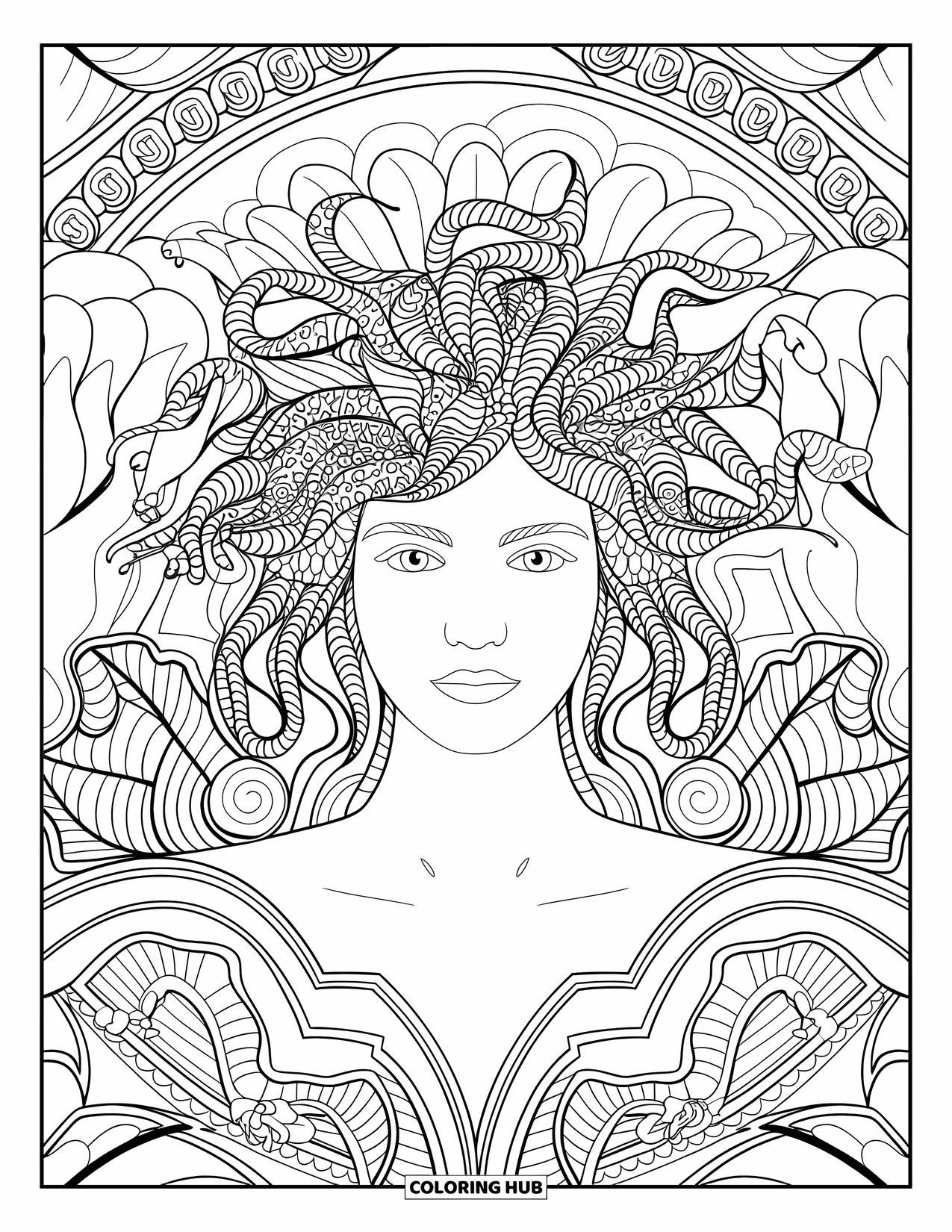 Medusa Coloring Page for Adults: Medusa is centered in a lush floral mandala with snake hair styled in graceful spirals