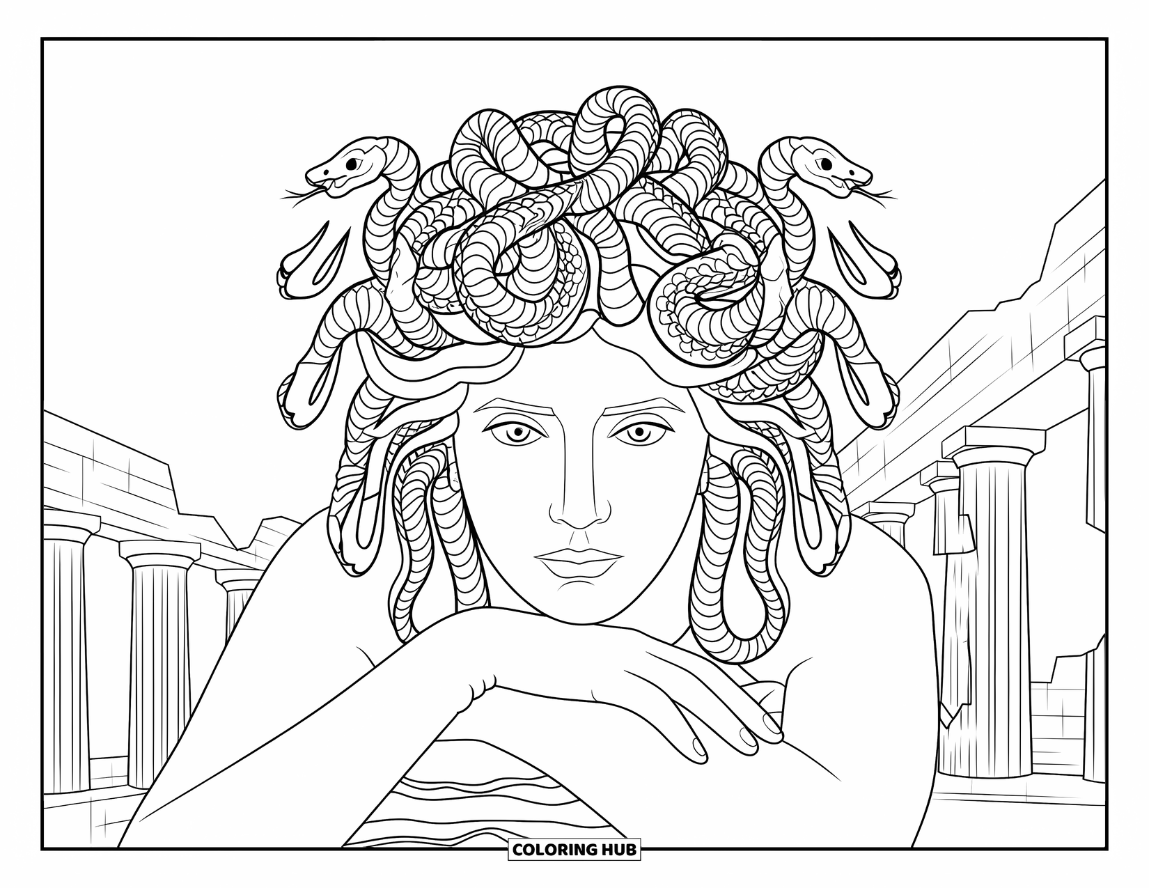 Medusa Coloring Page for Adults: Medusa rests her chin on her hand, surrounded by ancient ruins and graceful filigree