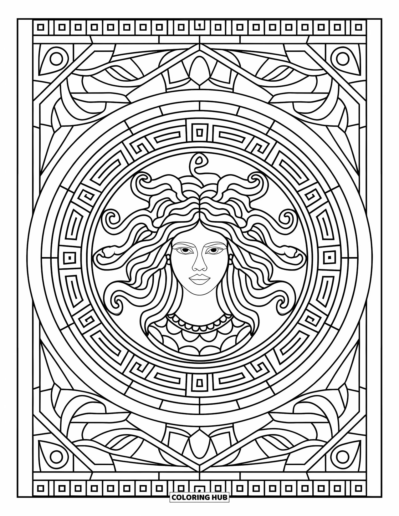 Medusa Coloring Page for Adults: Medusa shines at the center of a circular stained-glass pattern with radiating snakes