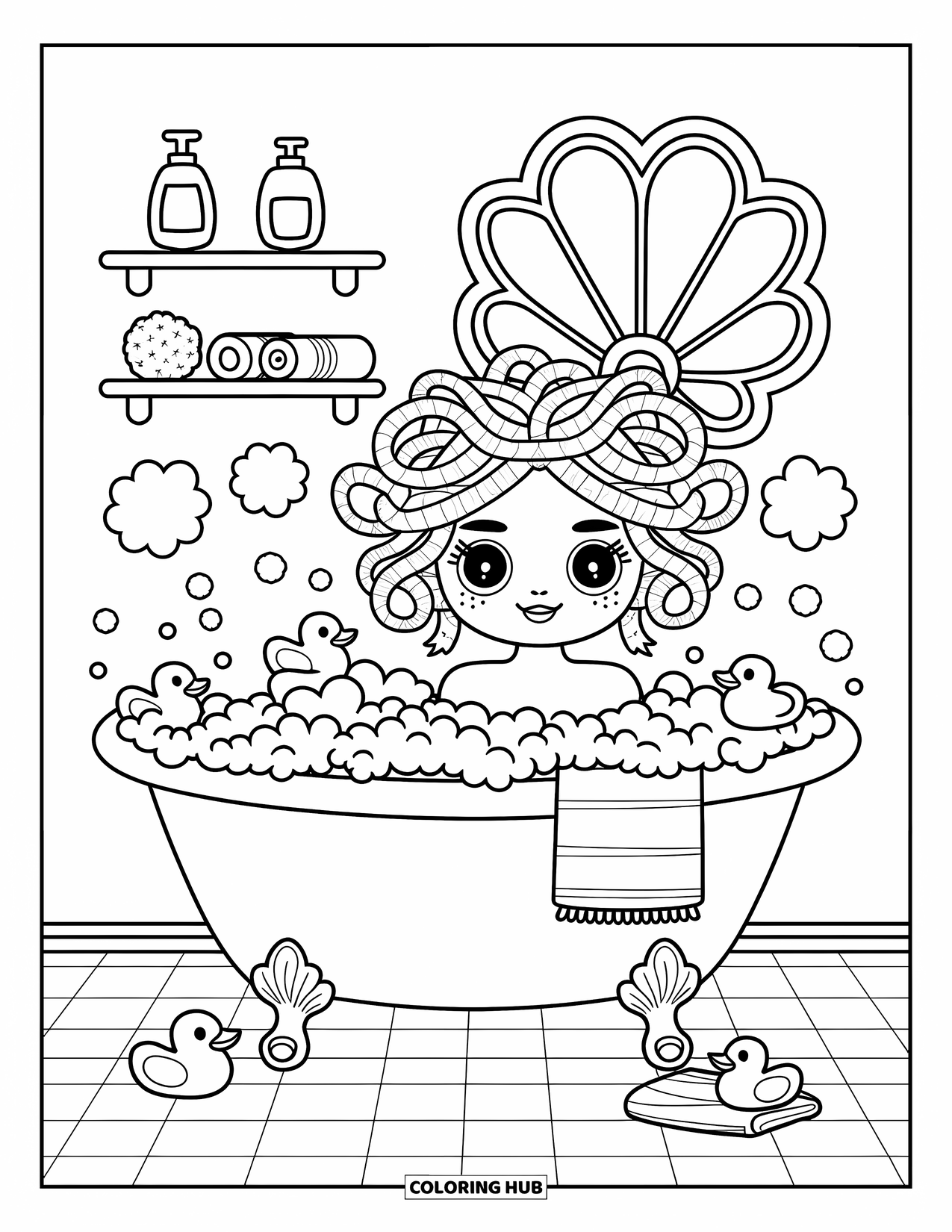 Medusa Coloring Page for Adults: Medusa soaks in a cozy bath with bubbles, rubber ducks, and steam puffs