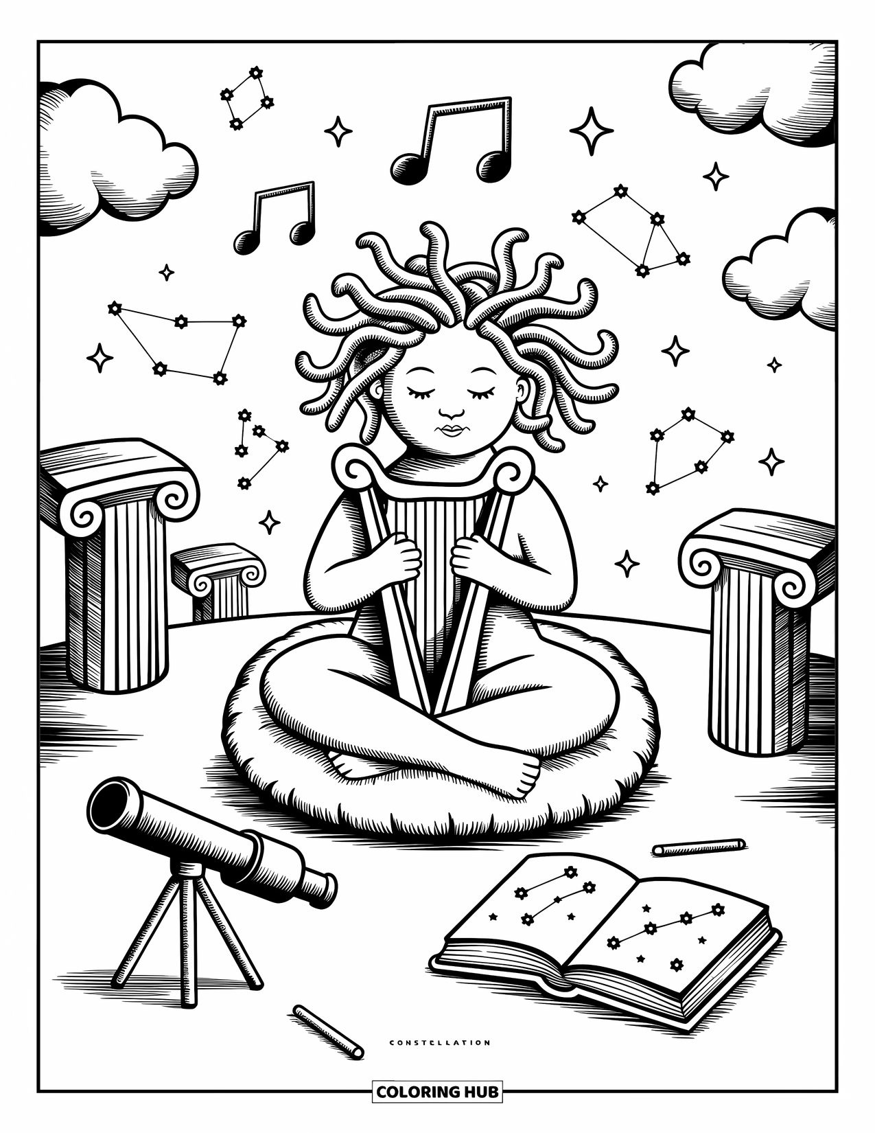 Medusa Coloring Page for Adults: Medusa strums a harp as musical notes and constellations float around her