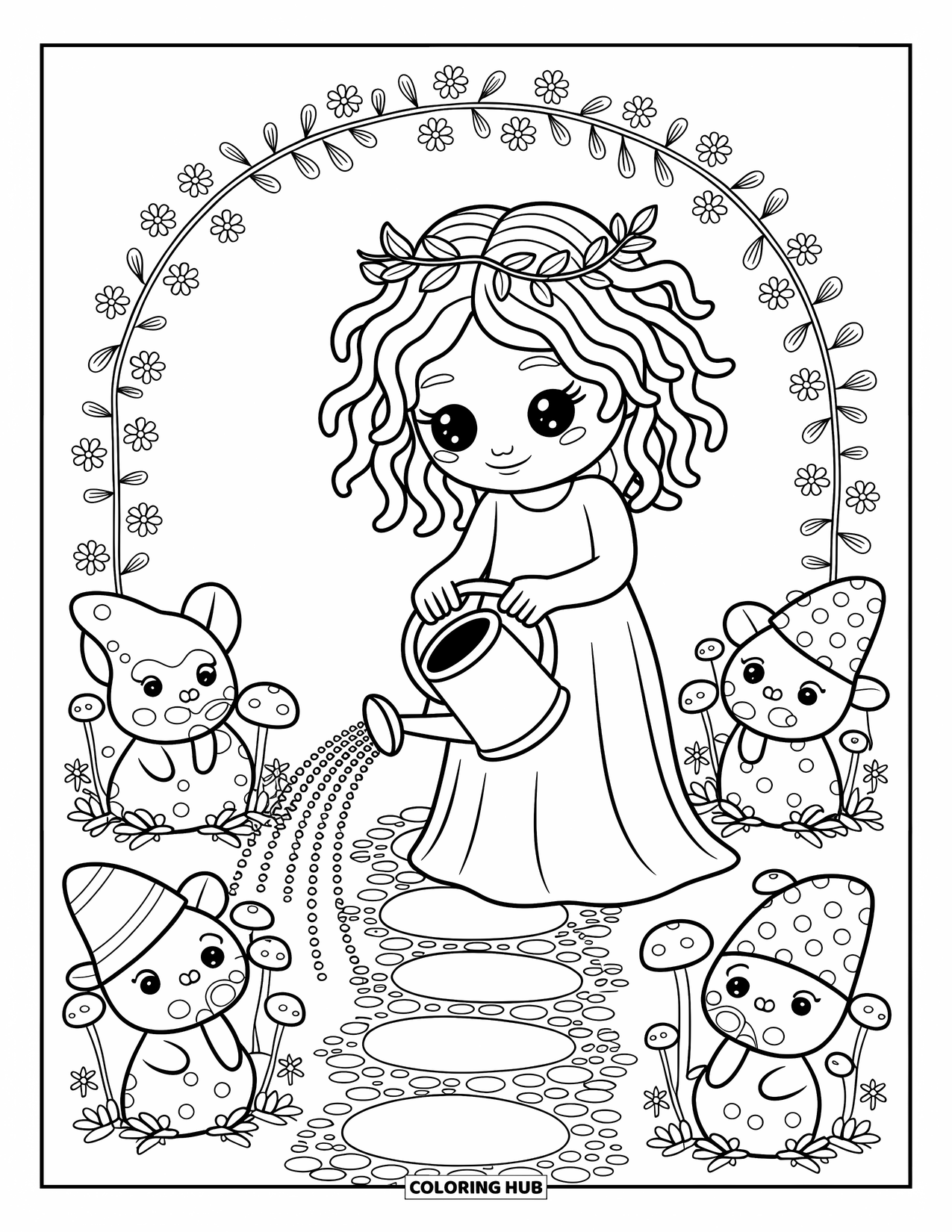 Medusa Coloring Page for Adults: Medusa tends a magical garden filled with tiny statues and blooming vines