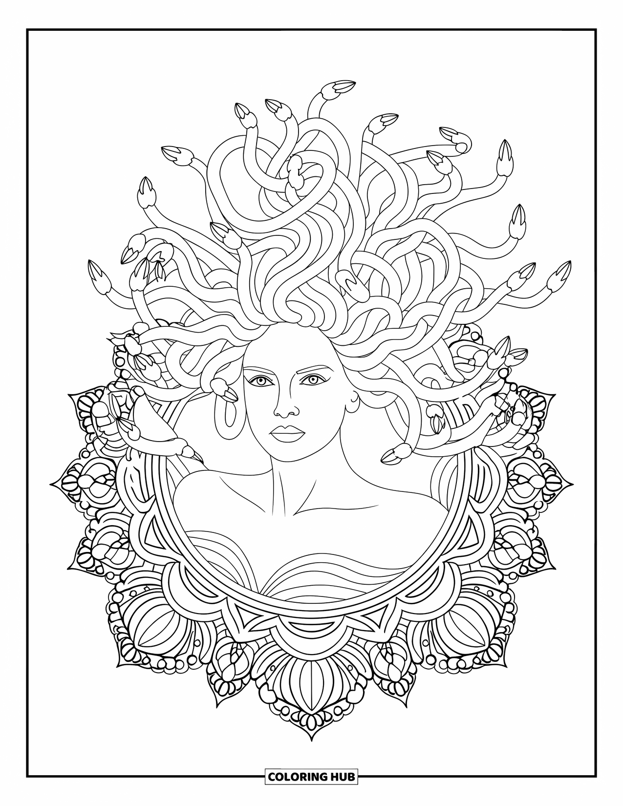 Medusa Coloring Page for Adults: Medusa's elegant snake hair spirals around her as she sits inside a floral mandala