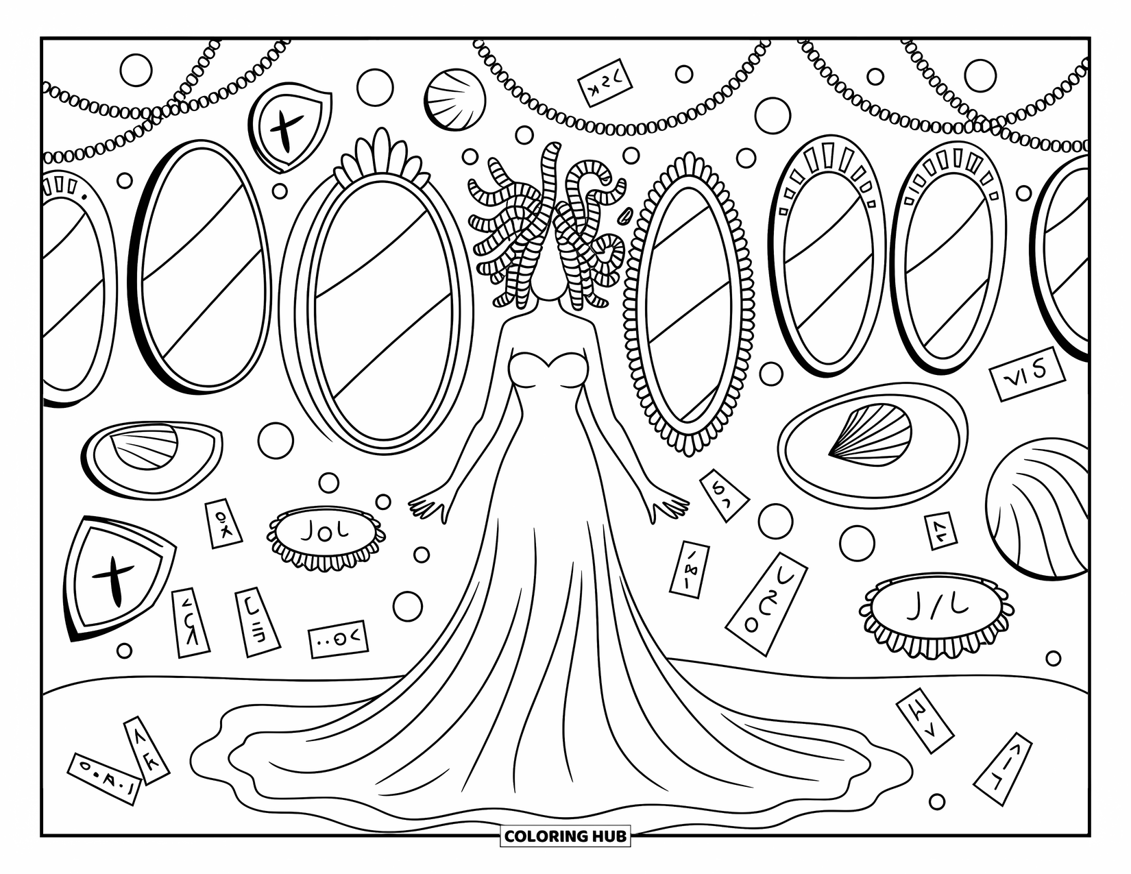 Medusa Coloring Page for Adults: Medusa's face is hidden as her snake hair appears in whimsical framed mirrors