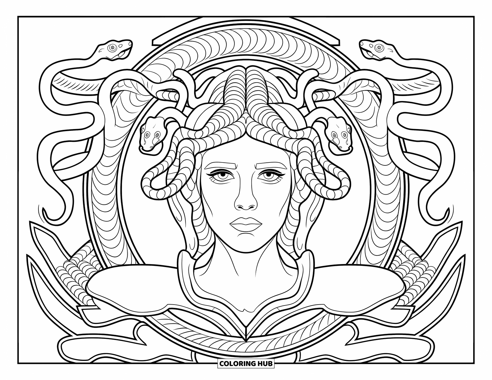 Medusa Coloring Page for Adults: Medusa's serene face is surrounded by swirling snakes and ornamental curves