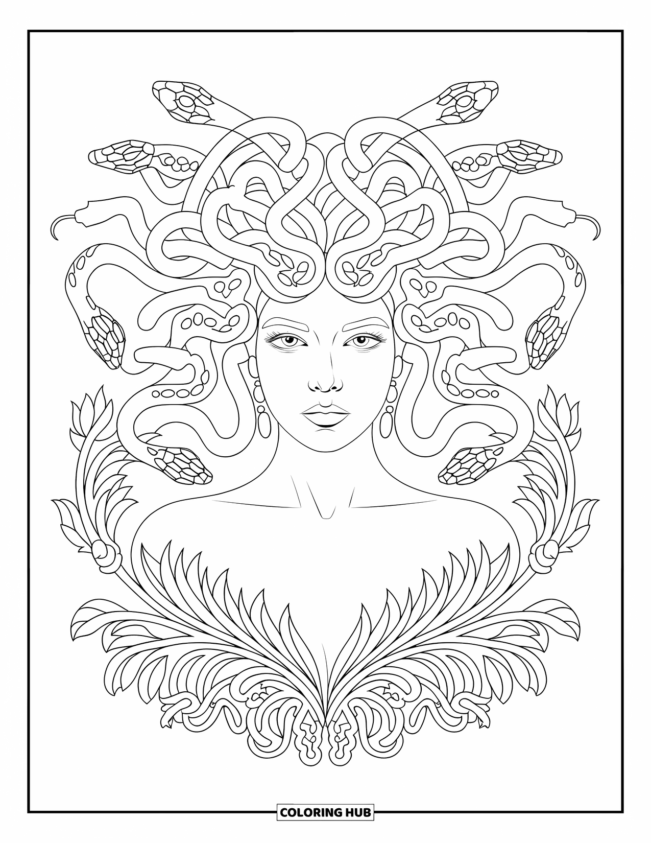 Medusa Coloring Page for Adults: Medusa's snakes form swirling loops that blend into a floral border