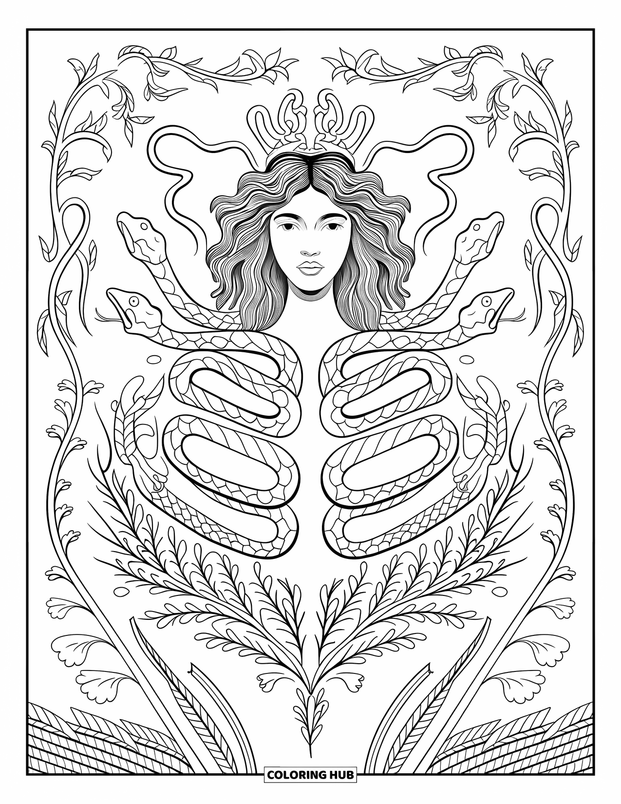 Medusa Coloring Page for Adults: Snakes and flowers weave through Medusa's long hair in a swirling, elegant design