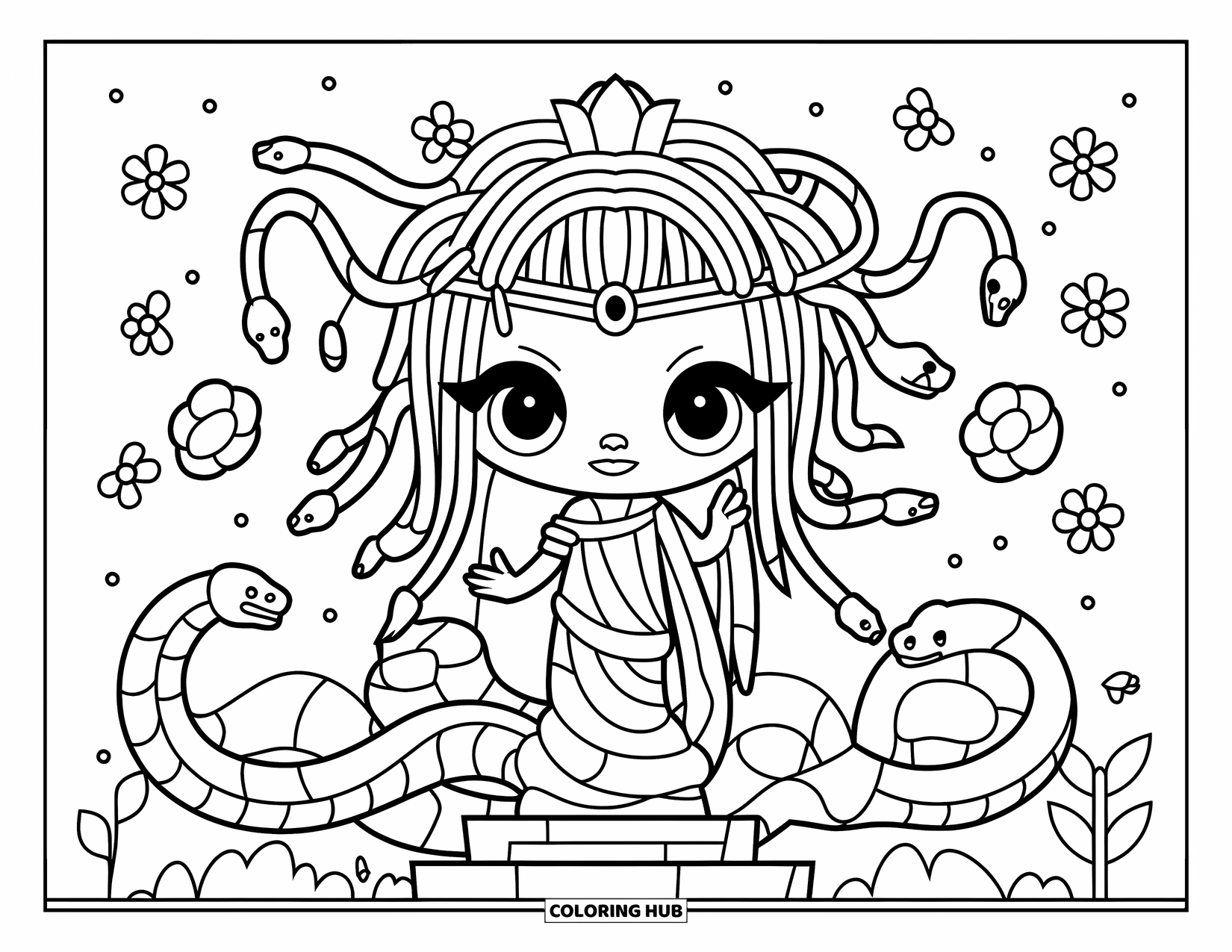 Medusa Coloring Page for Kids: Crowned Medusa stands on a pedestal surrounded by flowers and happy snakes