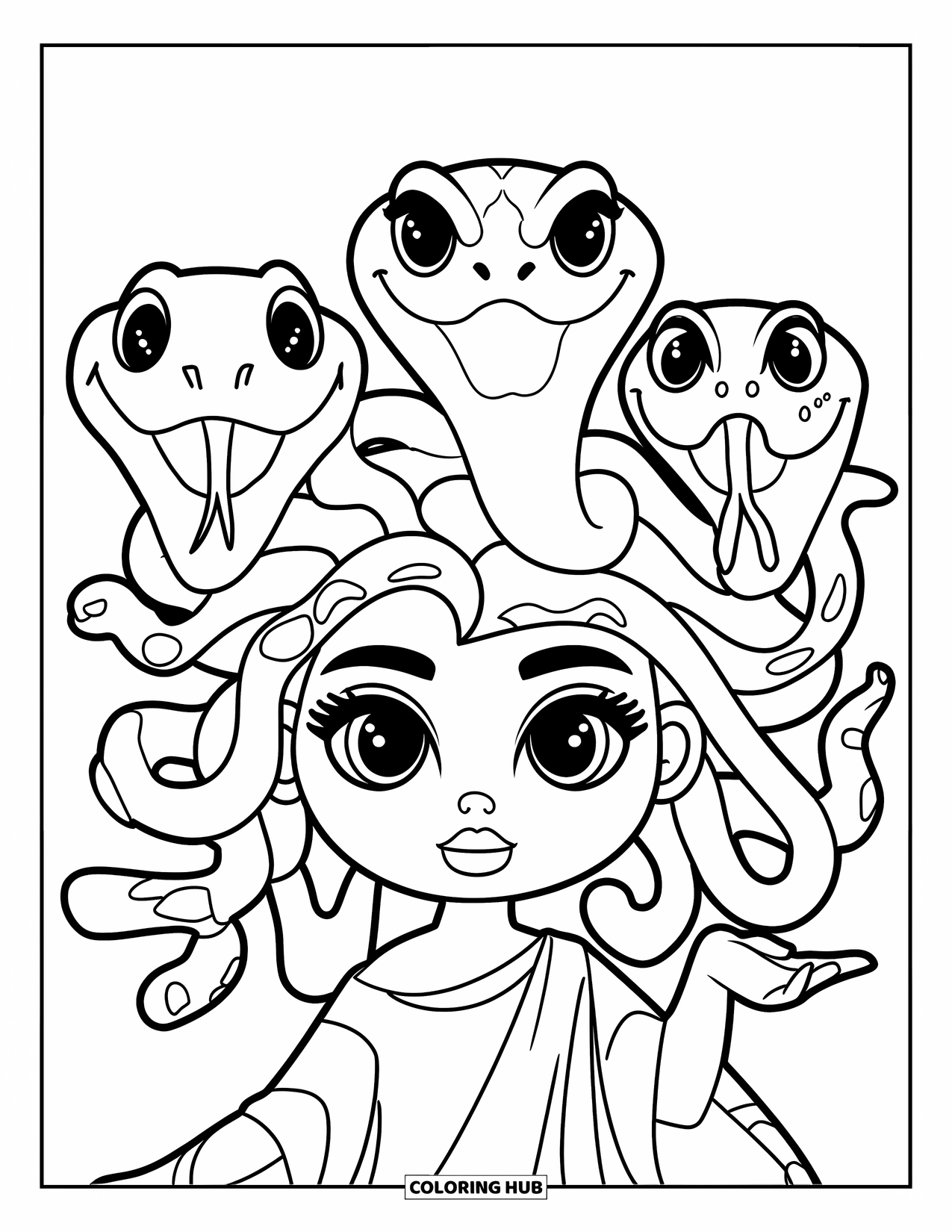Medusa Coloring Page for Kids: Medusa has three silly snakes for hair making funny faces