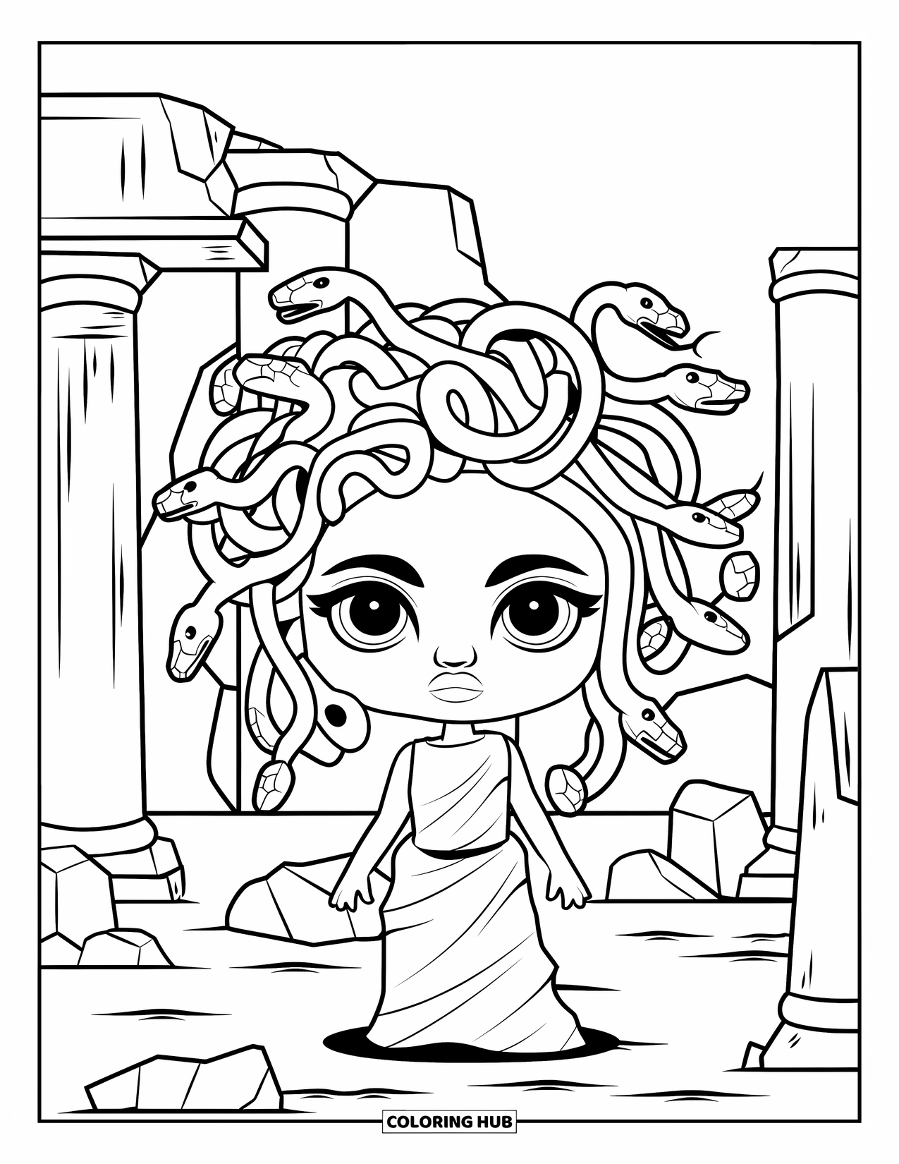 Medusa Coloring Page for Kids: Medusa poses before ancient ruins with large pillars and broken walls