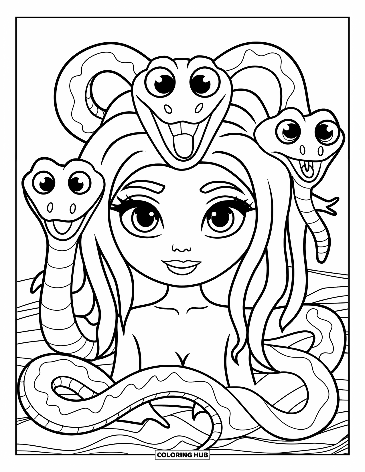 Medusa Coloring Page for Kids: Medusa smiles gently while her silly snake hairs show wide-eyed grins