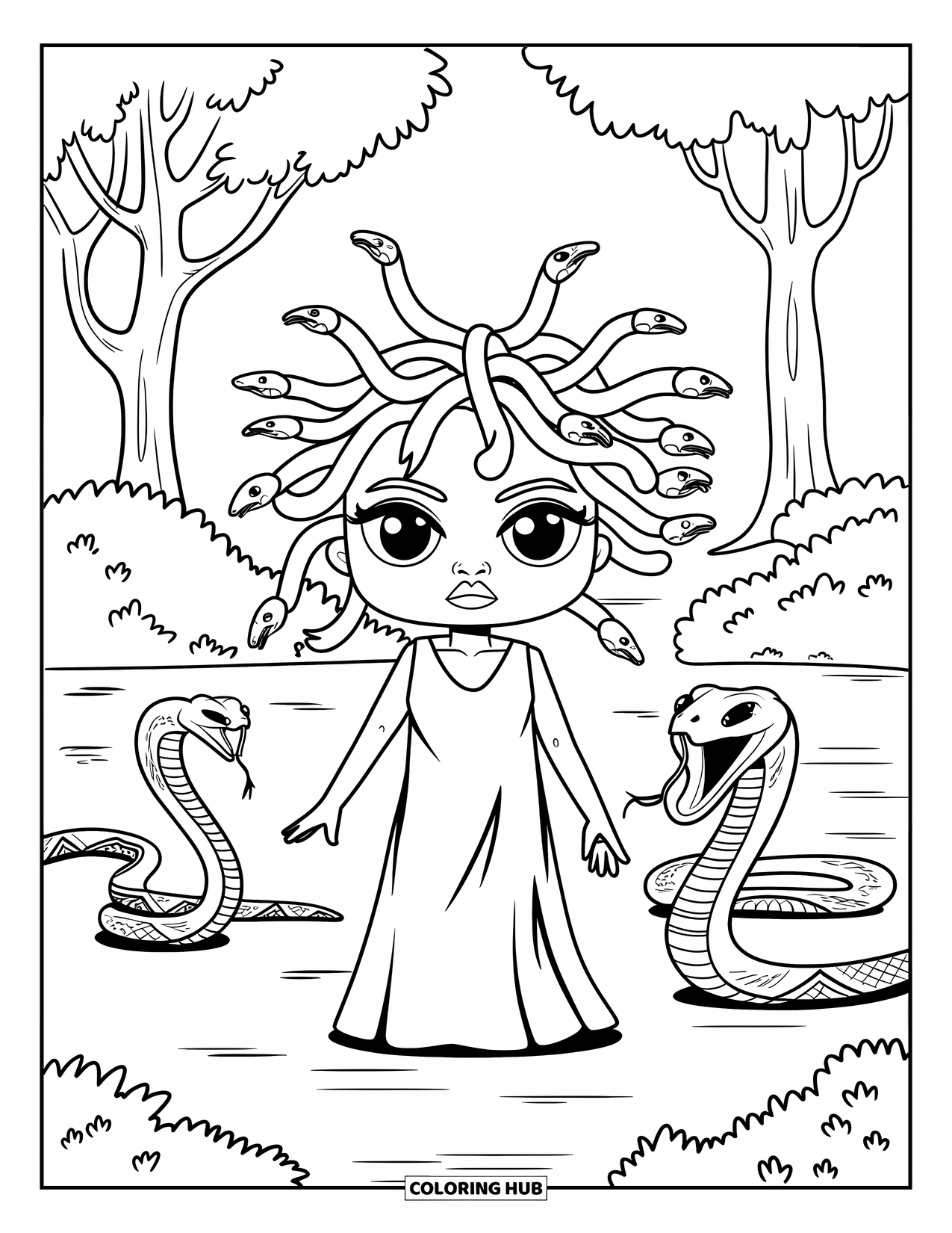 Medusa Coloring Page for Kids: Medusa stands among trees with alert snakes coiling in every direction