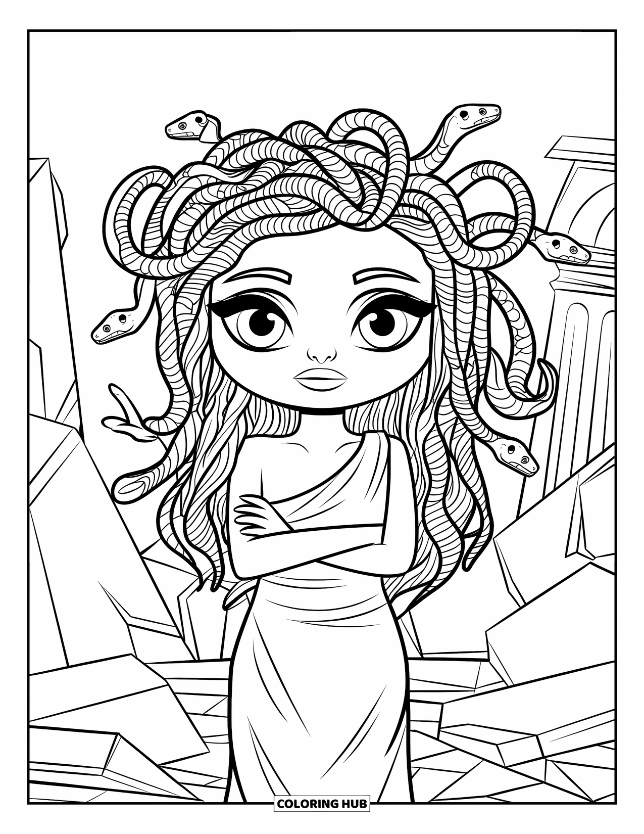 Medusa Coloring Page for Kids: Medusa stands confidently before shattered statues in a ruined temple