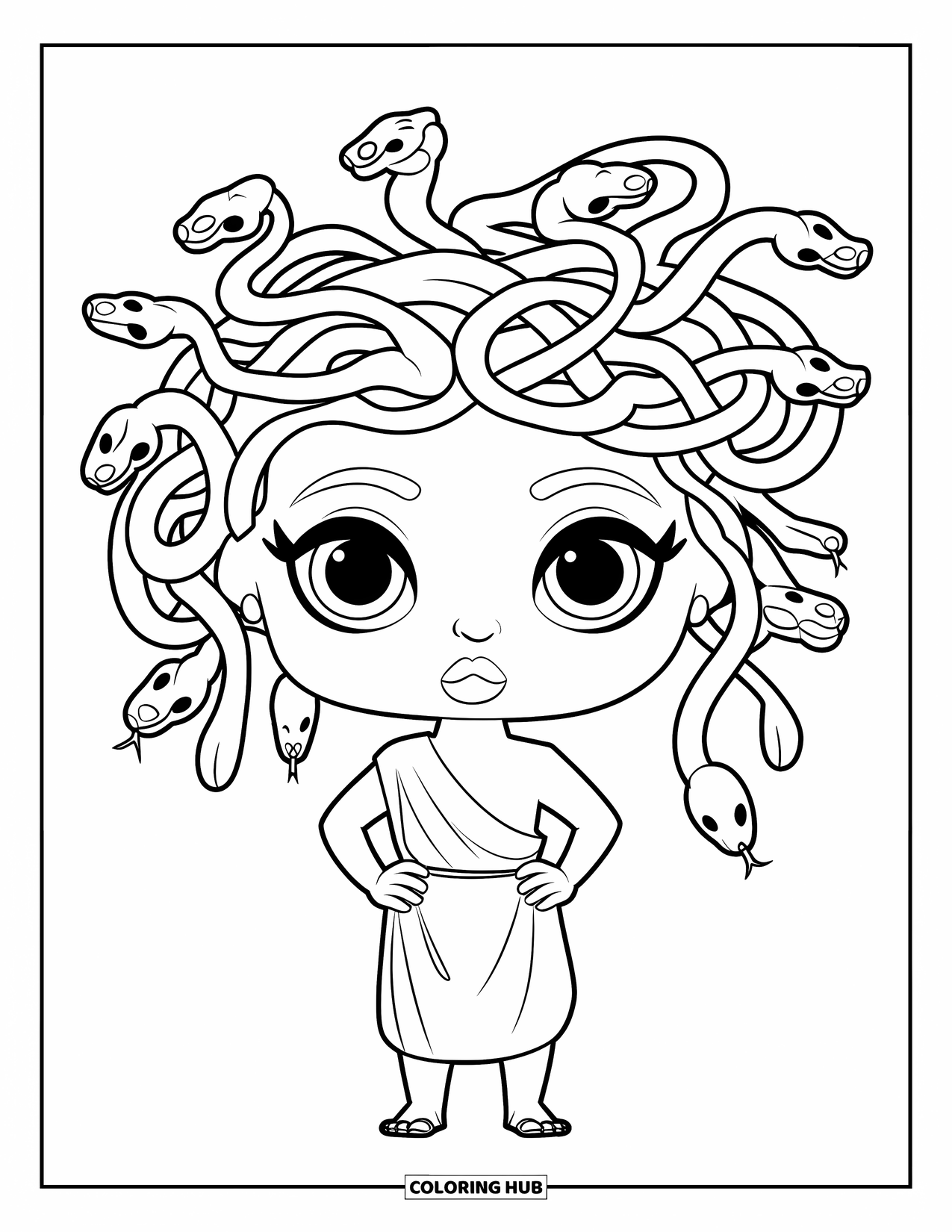Medusa Coloring Page for Kids: Medusa stands proudly with snake hair and a plain tunic