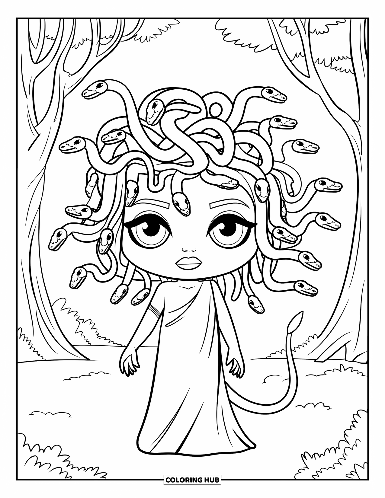 Medusa Coloring Page for Kids: Medusa stands quietly in a forest with coiled snake hair and bold outlines