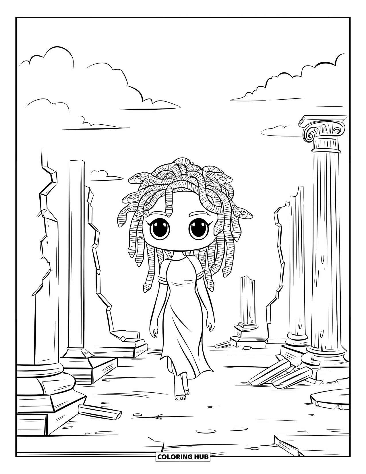 Medusa Coloring Page for Kids: Medusa walks past fallen ruins under a cloudy sky in peaceful silence