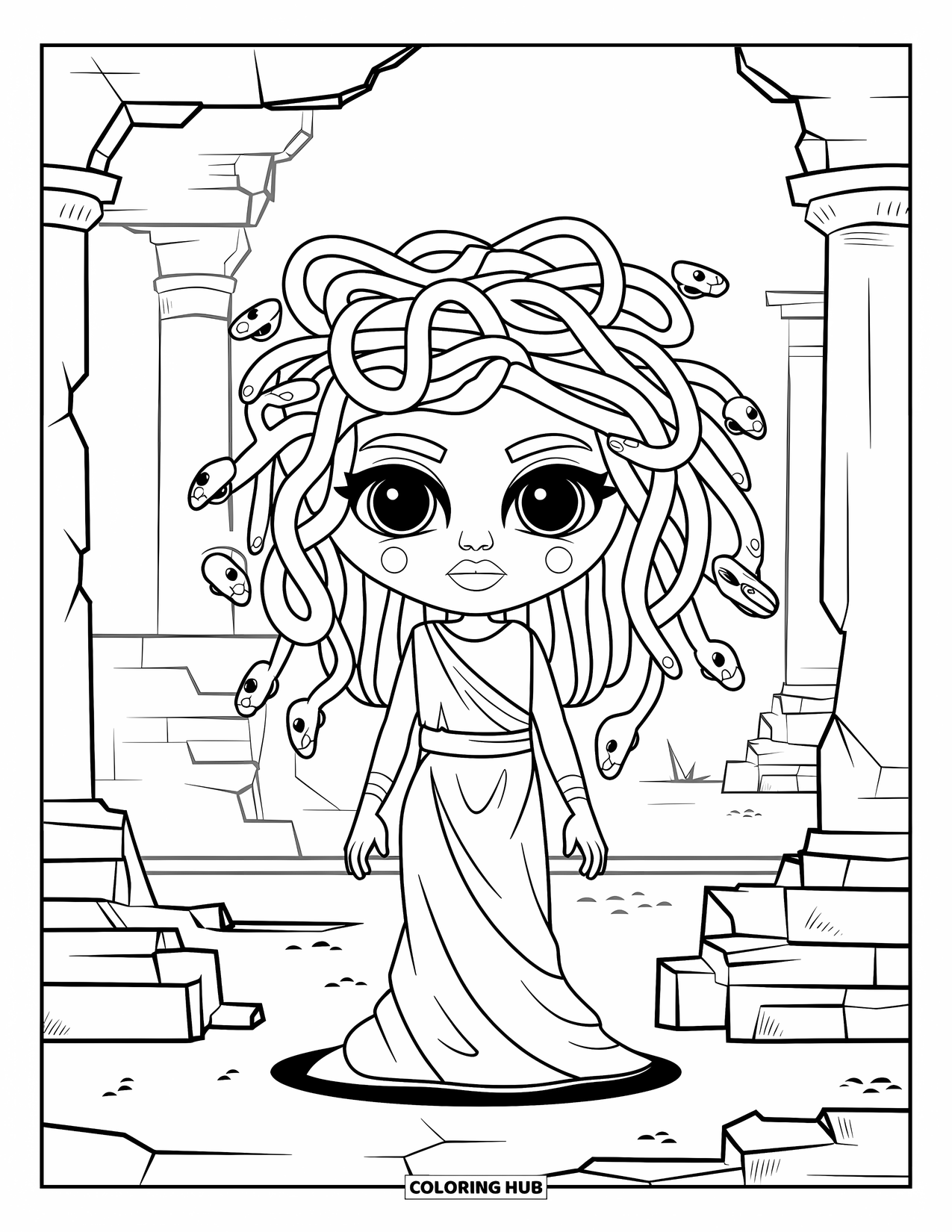 Medusa Coloring Page for Kids: Medusa with snake hair stands in front of ruined columns under a clear sky