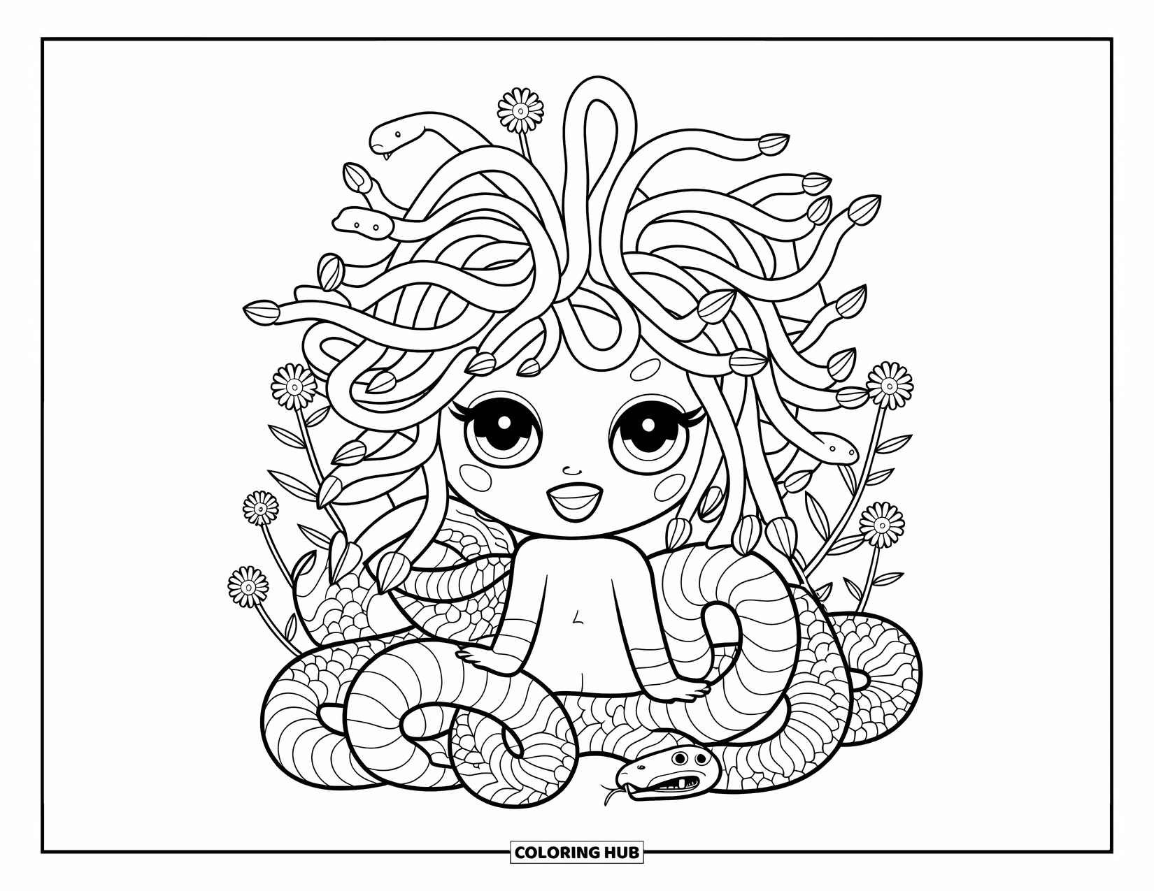 Medusa Coloring Page for Kids: Smiling Medusa is surrounded by flowers and cute coiled snakes