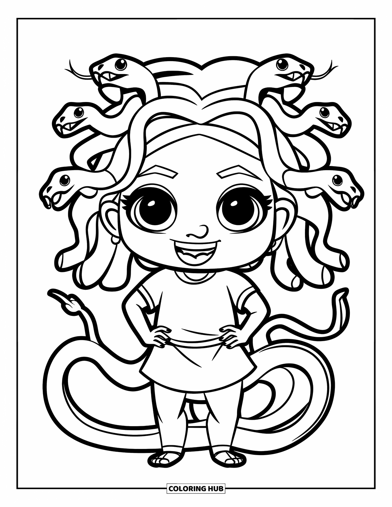 Medusa Coloring Page for Kids: Smiling Medusa stands with hands on hips and two playful snake strands