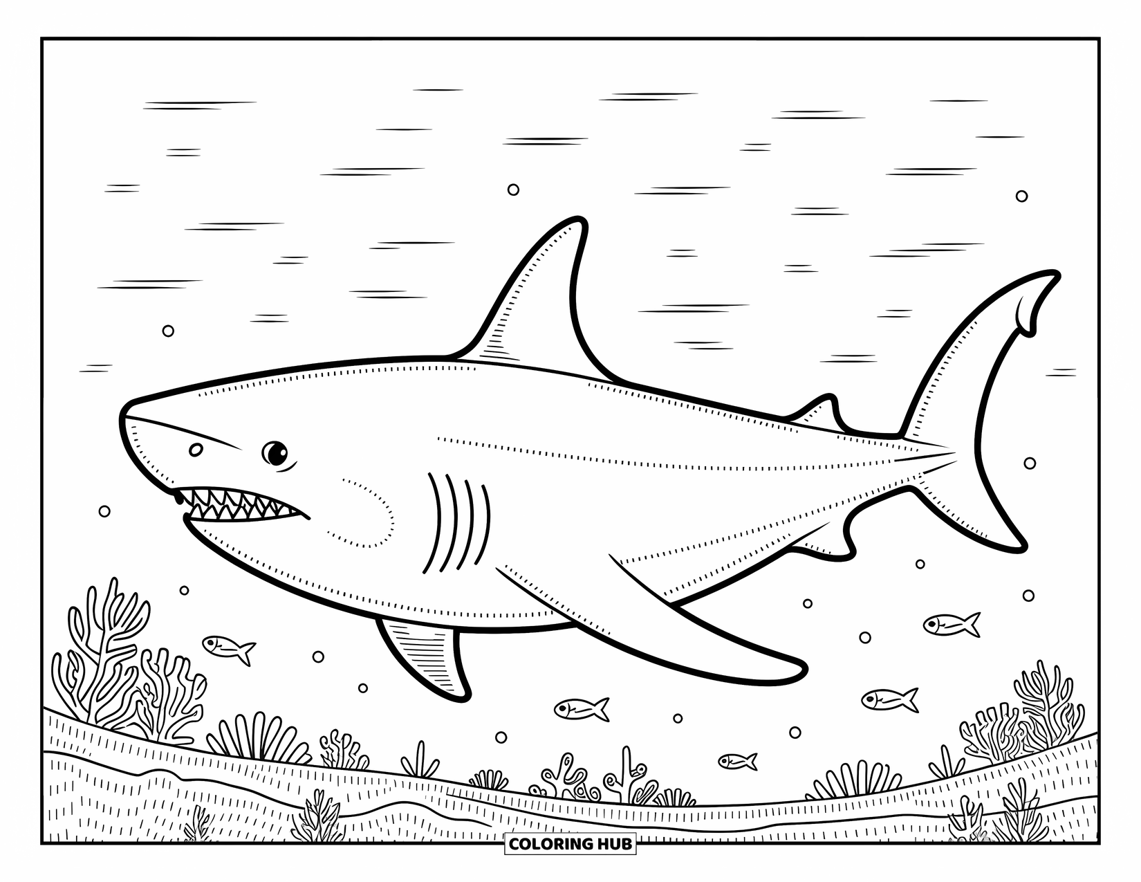 Megalodon Shark Coloring Page for Adults: A massive megalodon rests vertically in calm deep waters above a textured coral seabed