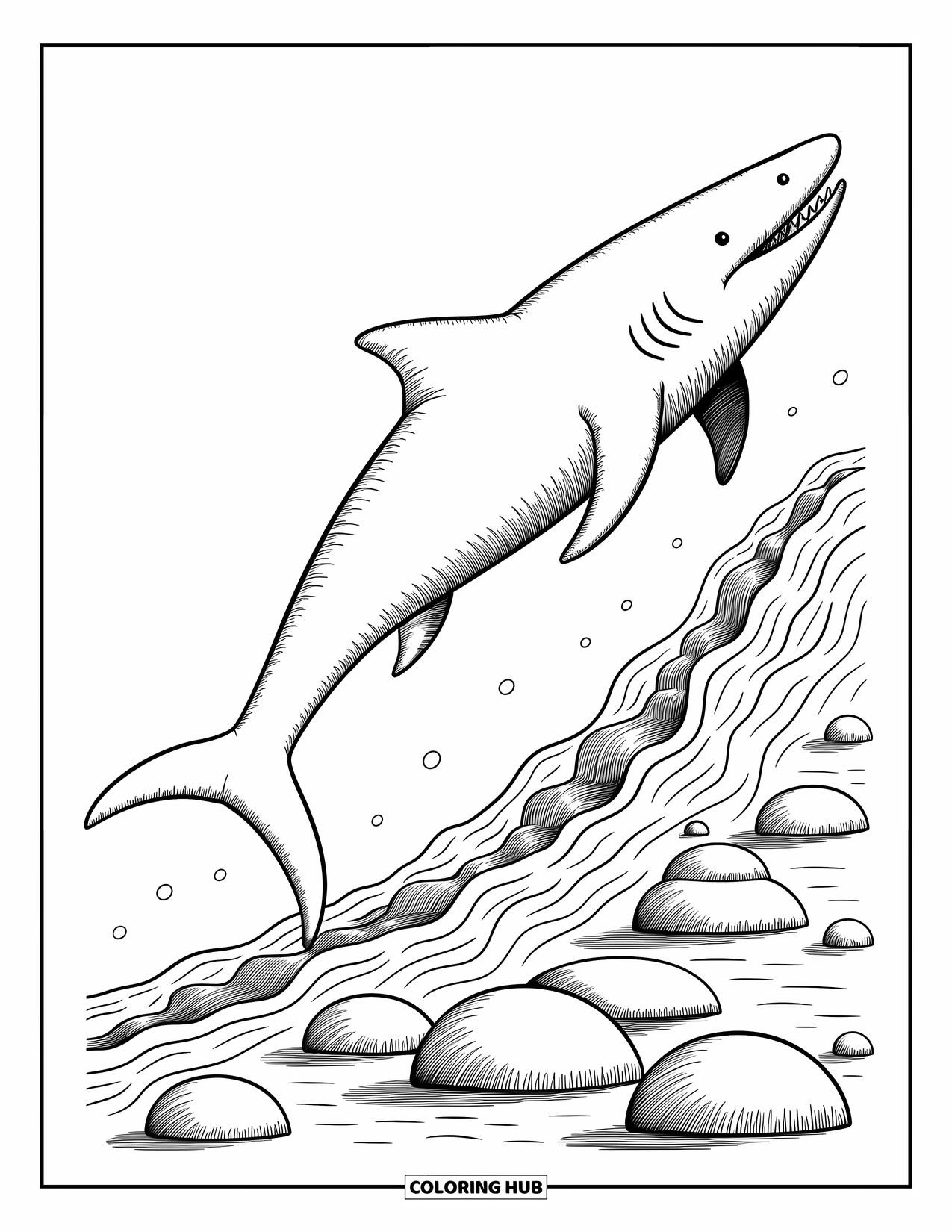 Megalodon Shark Coloring Page for Adults: A megalodon follows the curve of a rocky ridge, swimming calmly through the glowing water