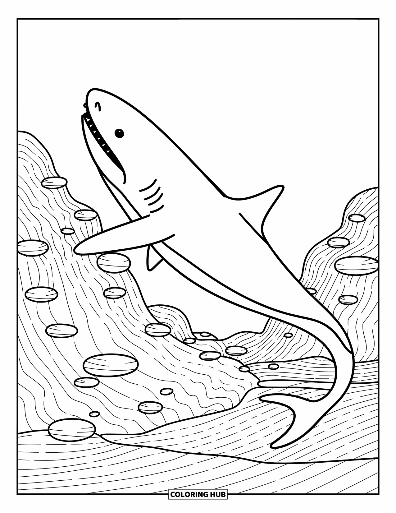 Megalodon Shark Coloring Page for Adults: A megalodon swims over a rocky seafloor ridge, its body mirroring the gentle curve below
