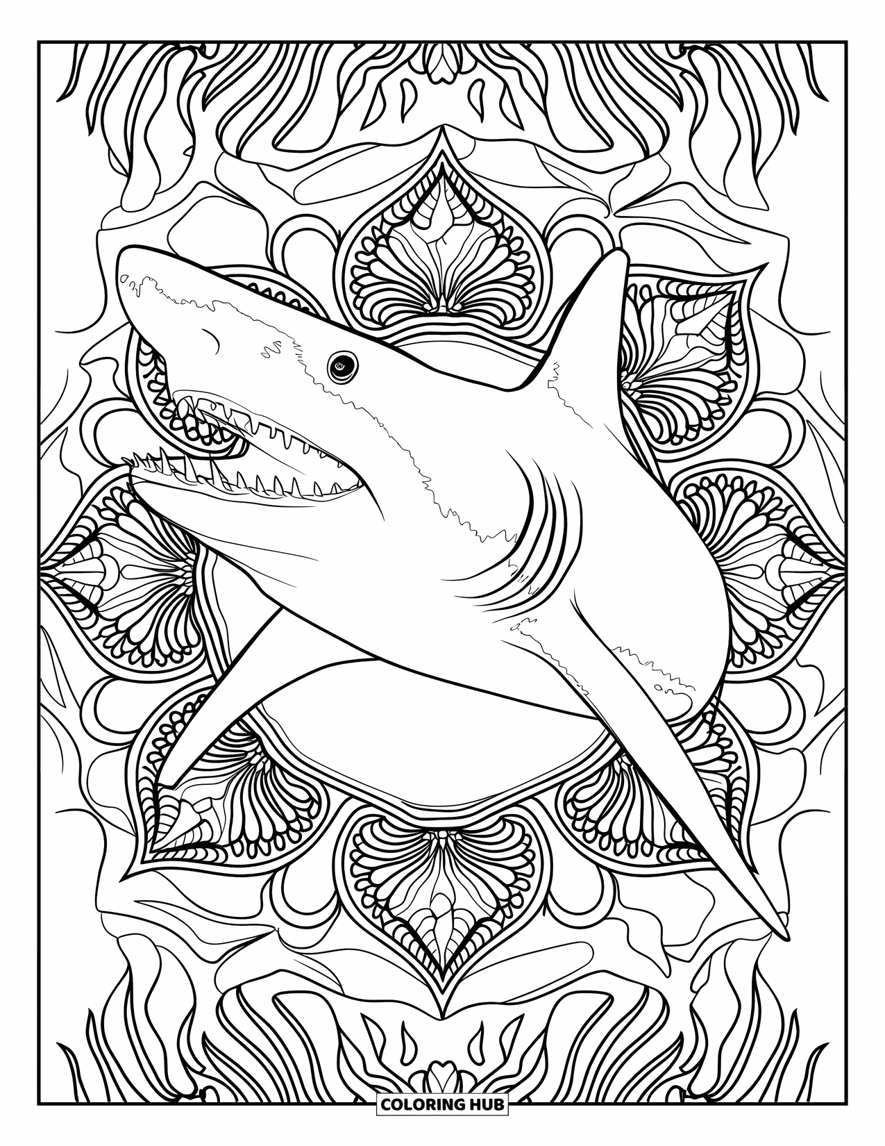 Megalodon Shark Coloring Page for Adults: A megalodon swims through detailed sea plant mandalas filled with seaweed and coral
