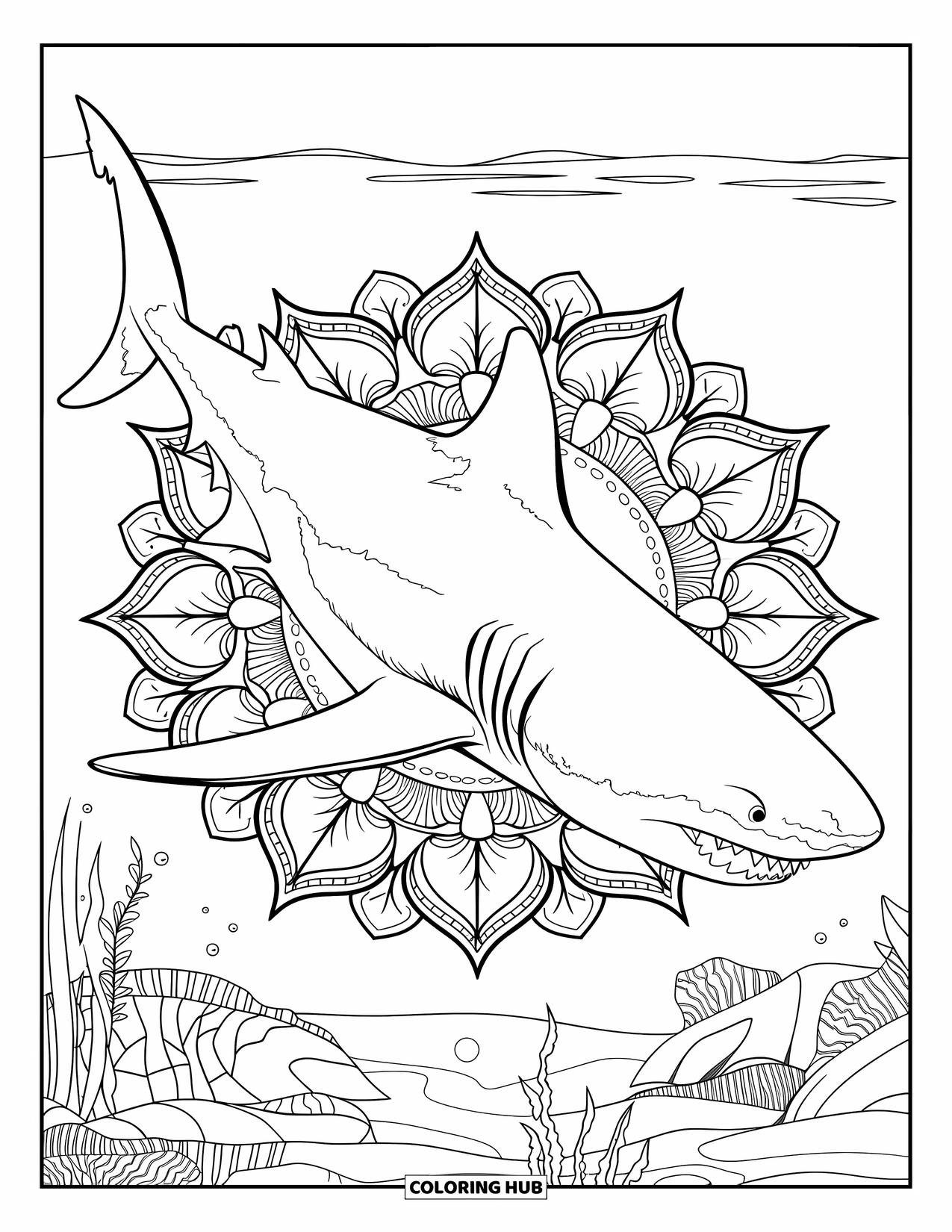Megalodon Shark Coloring Page for Adults: A megalodon swims through water, surrounded by a leafy botanical mandala