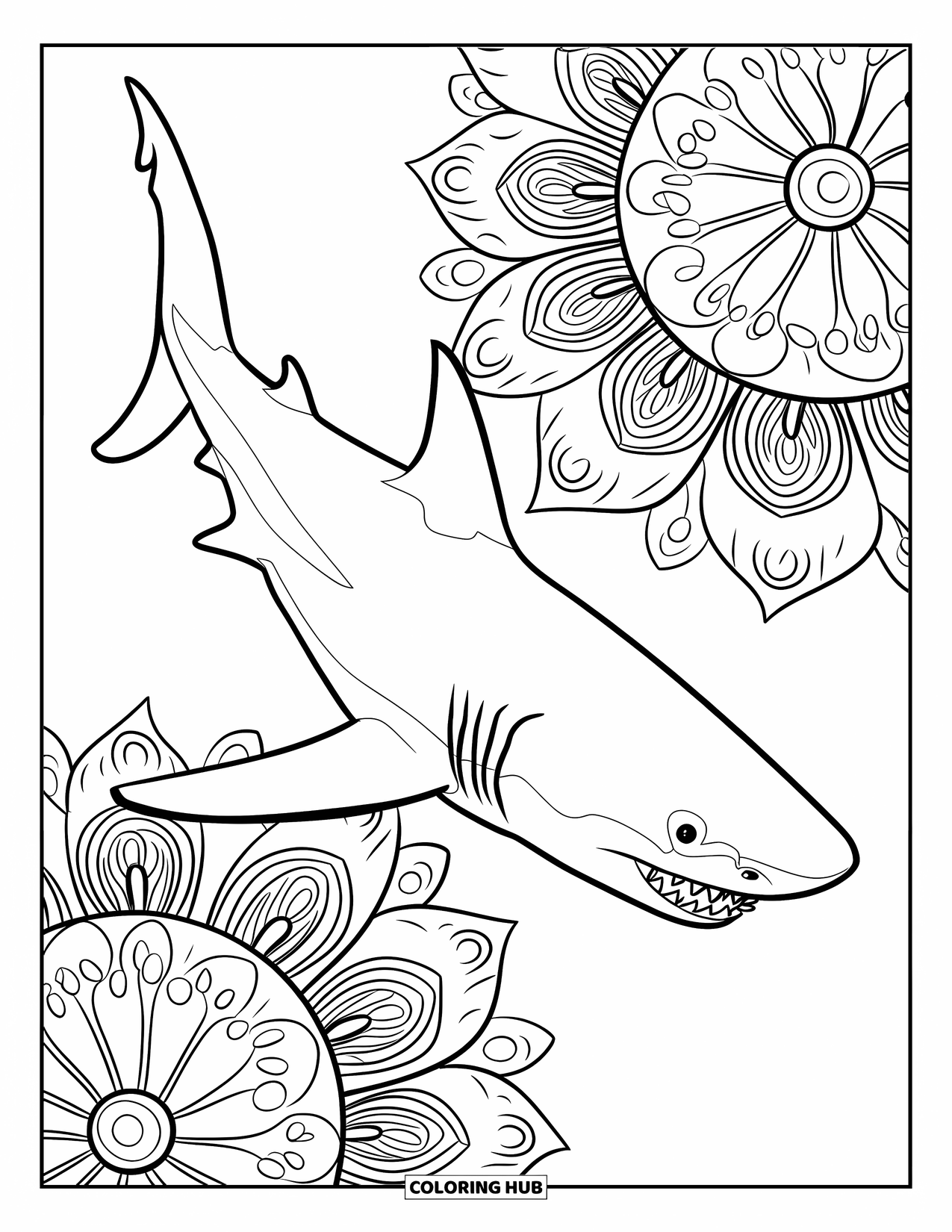 Megalodon Shark Coloring Page for Adults: A sharp-toothed megalodon swims across floral mandalas with detailed patterns