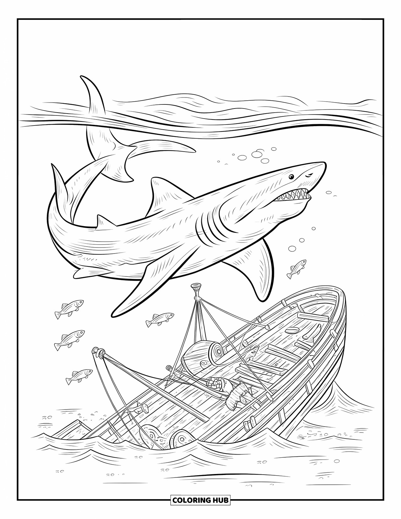 Megalodon Shark Coloring Page for Kids: A megalodon circles above a broken shipwreck with planks and barrels