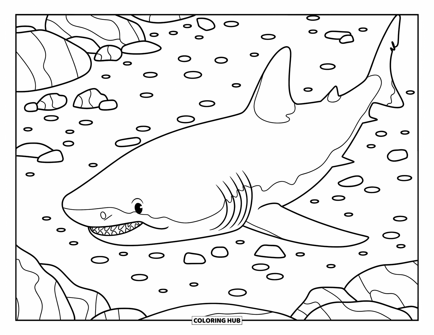 Megalodon Shark Coloring Page for Kids: A megalodon floats above scattered rocks on the ocean floor
