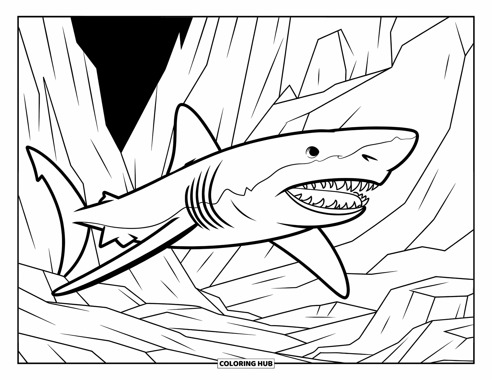 Megalodon Shark Coloring Page for Kids: A megalodon glides past sharp rocks and steep underwater cliffs