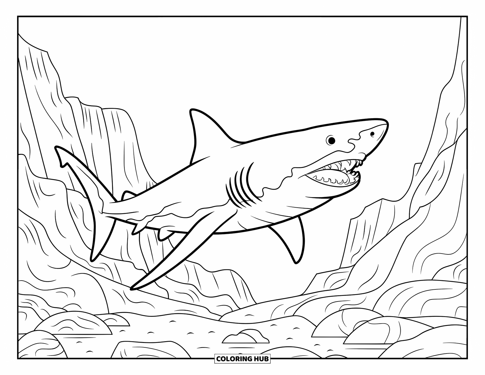 Megalodon Shark Coloring Page for Kids: A megalodon passes rocky cliffs deep underwater, jaws open