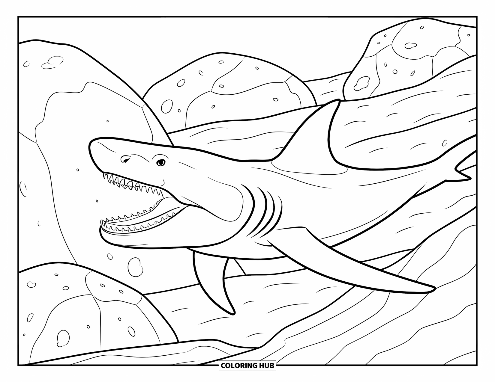 Megalodon Shark Coloring Page for Kids: A megalodon swims near huge underwater boulders and sloping sands