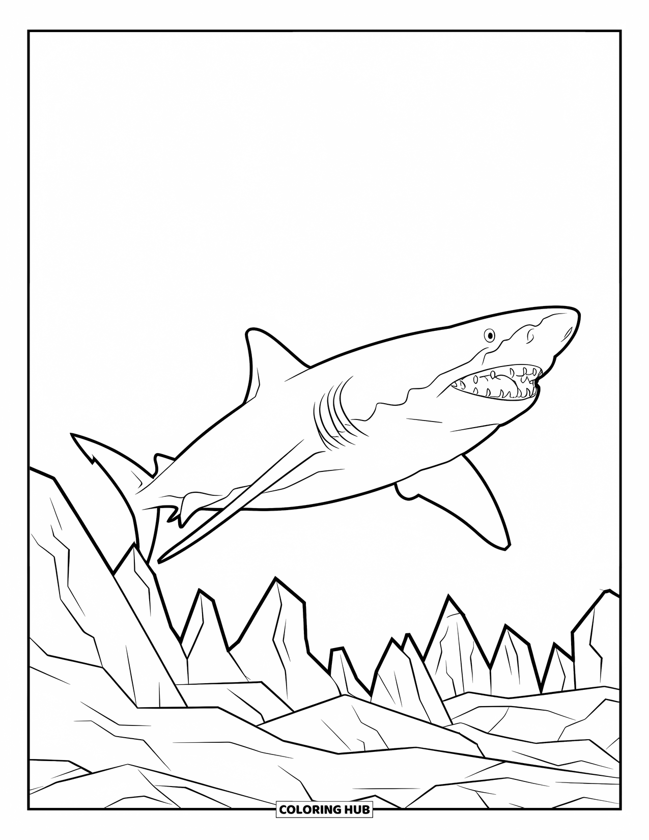 Megalodon Shark Coloring Page for Kids: A megalodon swims over sharp rocky ridges deep in the ocean
