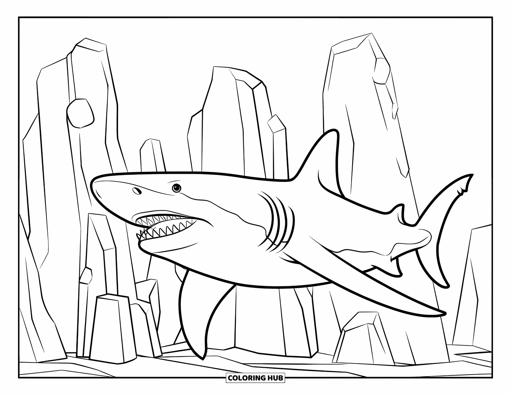Megalodon Shark Coloring Page for Kids: A megalodon swims past towering underwater rock formations