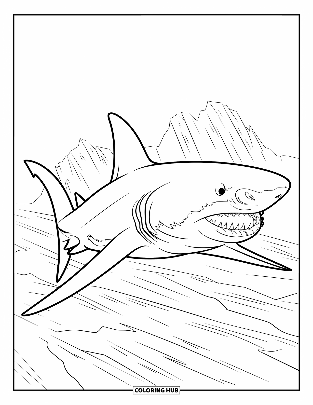 Megalodon Shark Coloring Page for Kids: A powerful shark moves above sharp rock peaks on the seafloor