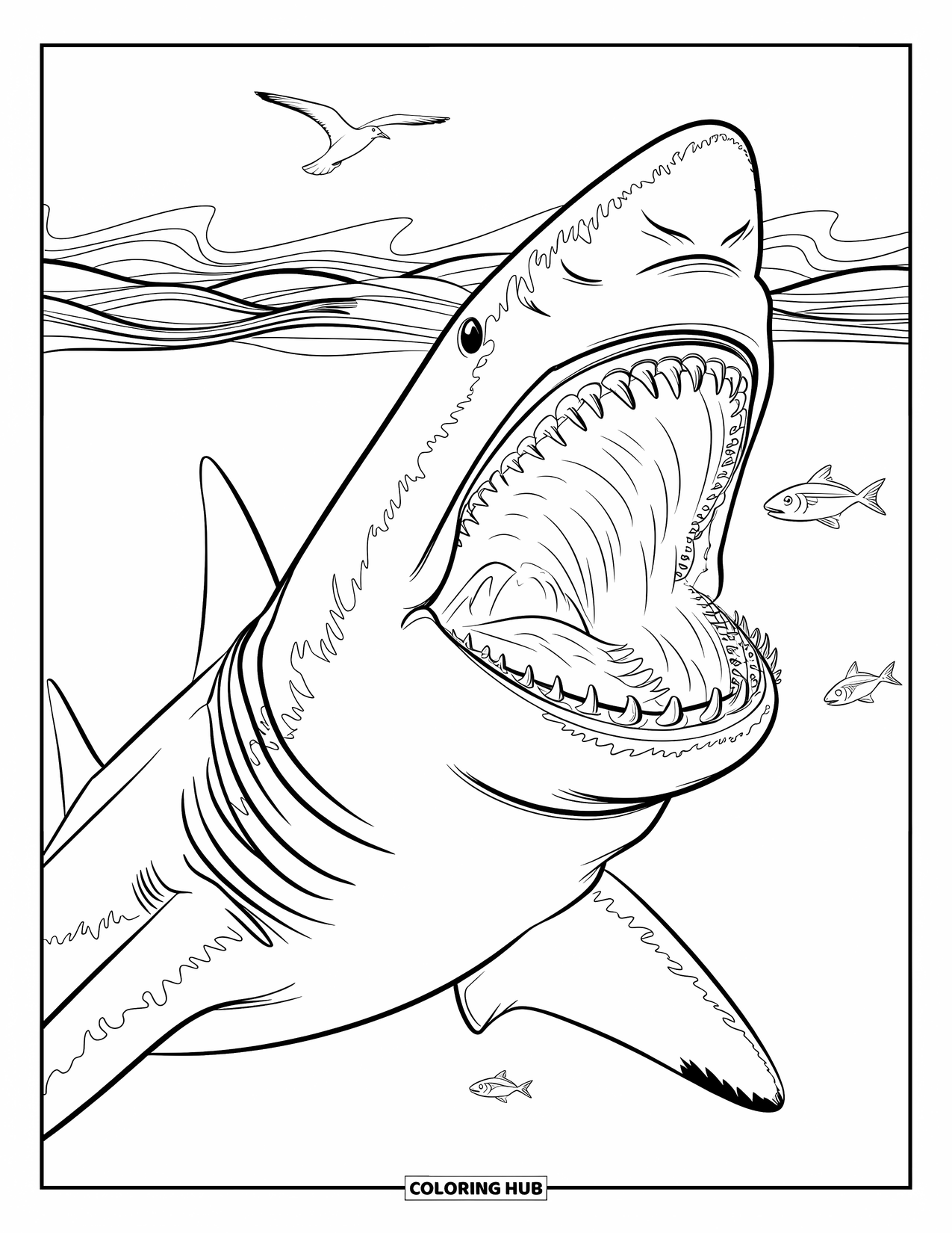 Megalodon Shark Coloring Page for Kids: A powerful shark swims by with an open mouth and fish nearby