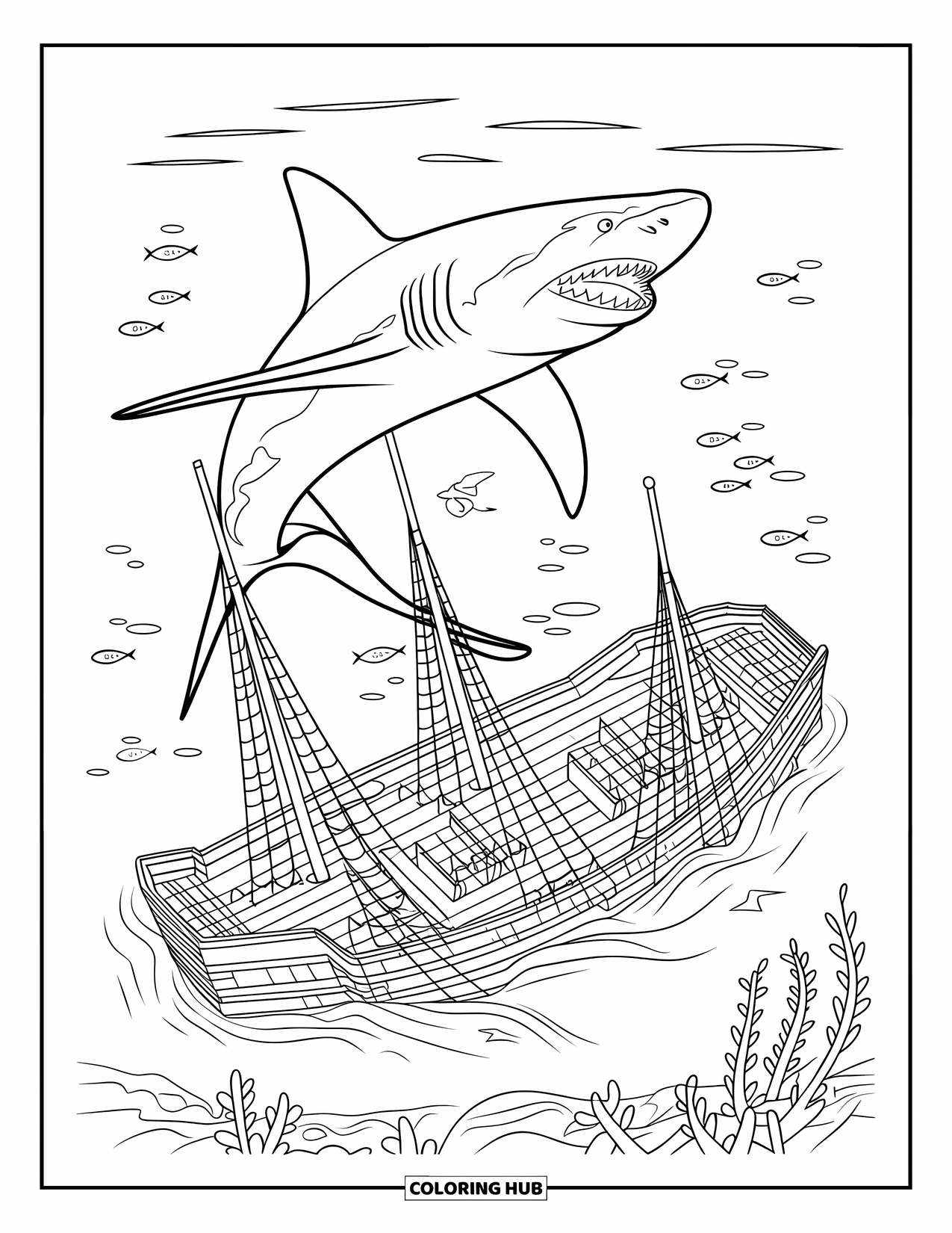 Megalodon Shark Coloring Page for Kids: A shark swims above a sunken ship with masts and seaweed