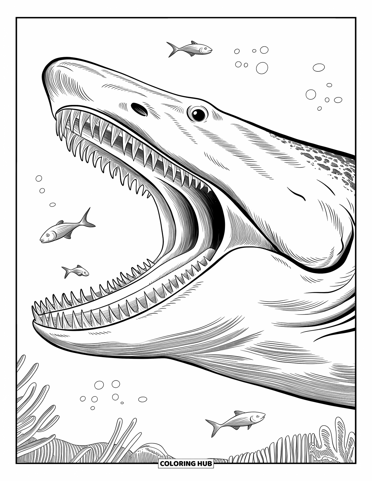 Megalodon Shark Coloring Page for Kids: A side view of a megalodon with jaws wide open and seaweed drifting nearby
